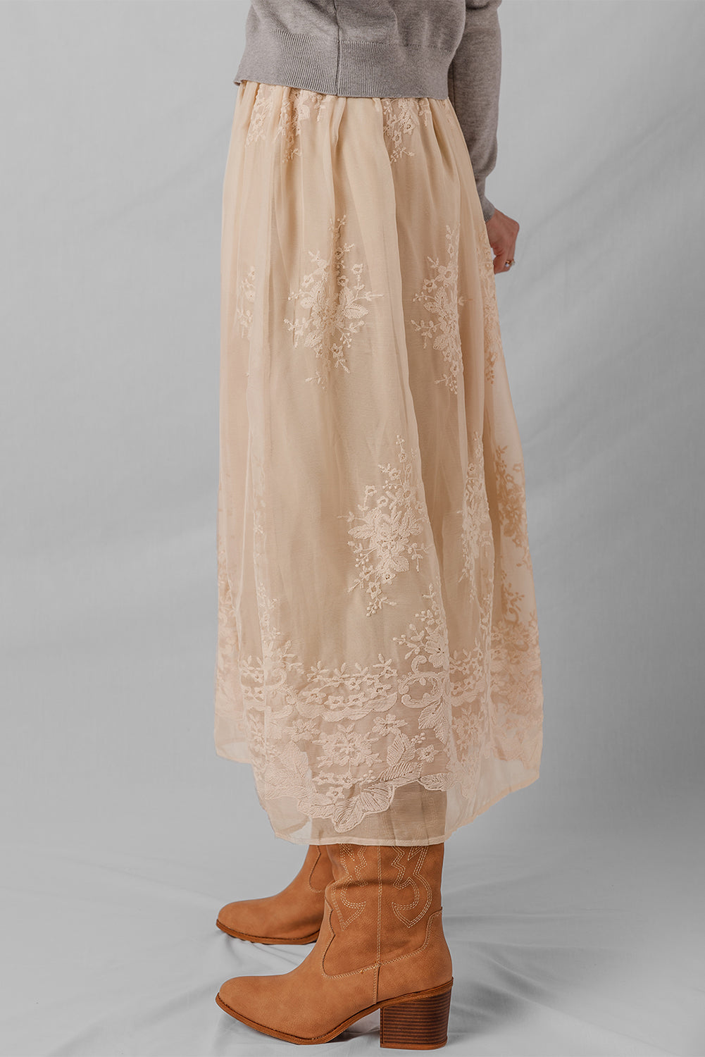 Overlay Embroidered Mesh Flowy Long Skirt in Oatmeal