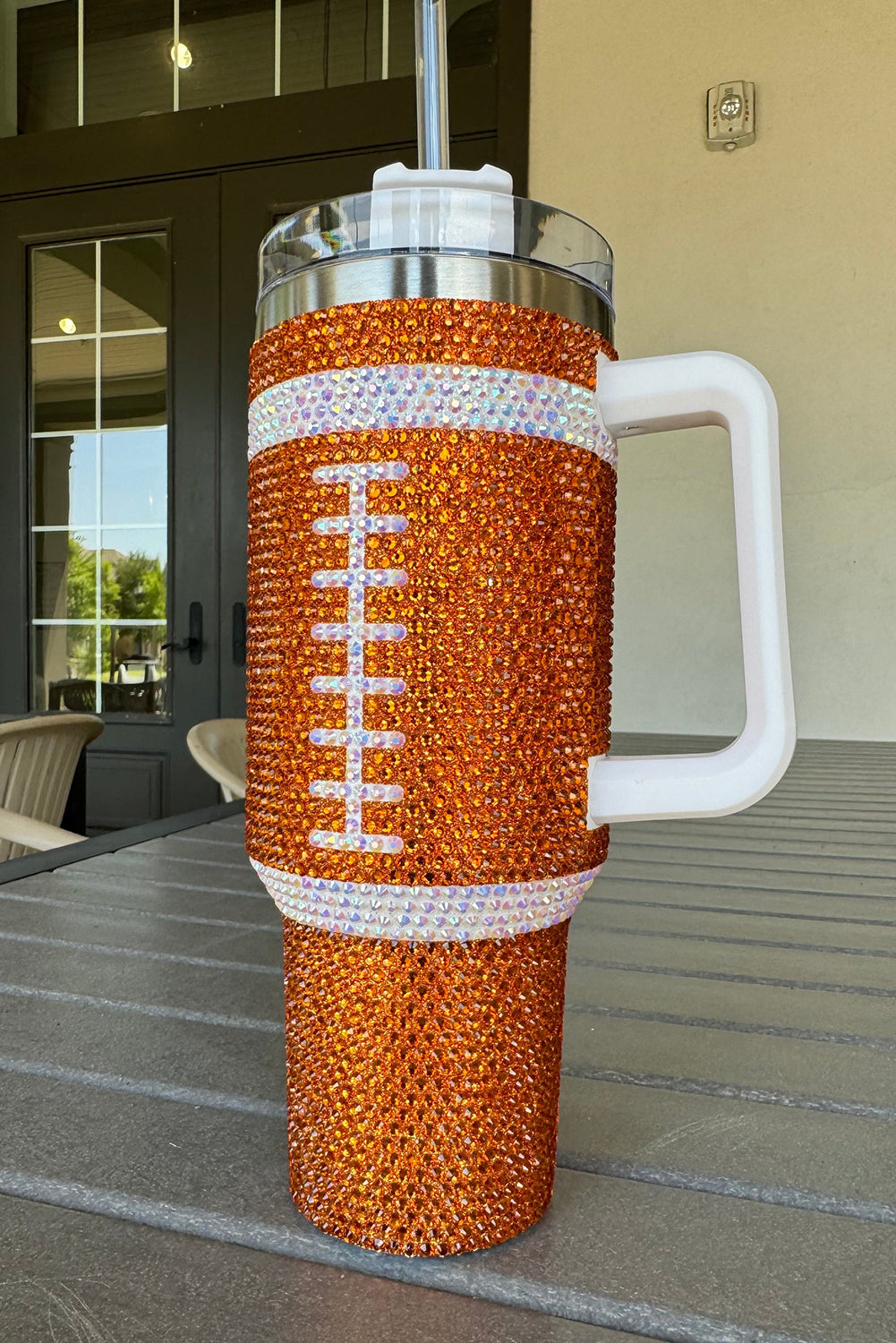 Rugby Football Rhinestone Football Handle Vacuum Cup 40oz