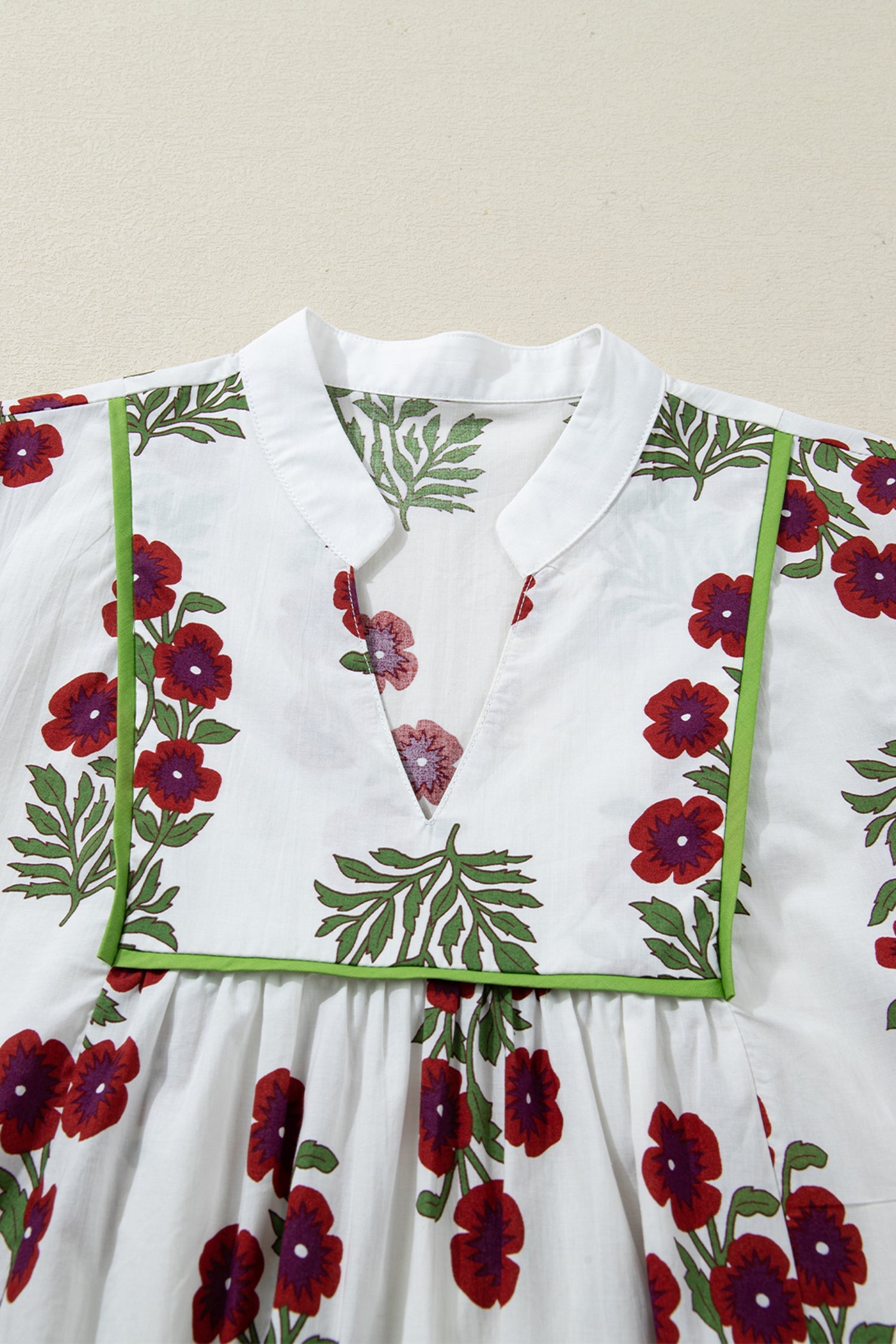 Frilled Sleeve V-Neck 3/4 Loose Floral Dress in White