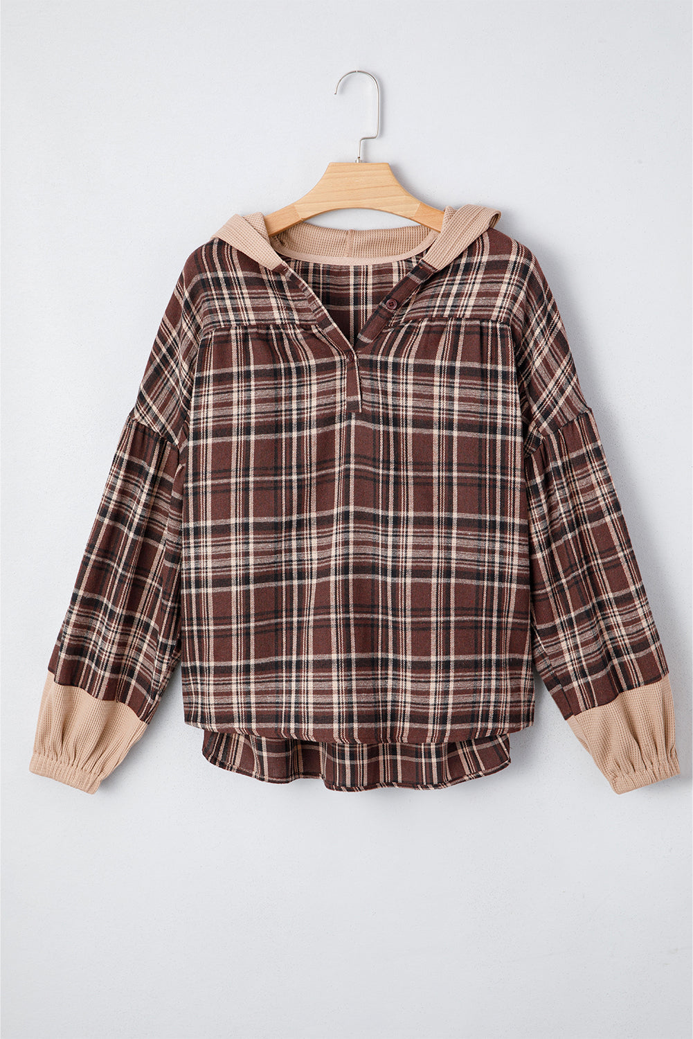 Long-Sleeved Plaid Patchwork Button Hooded Blouse
