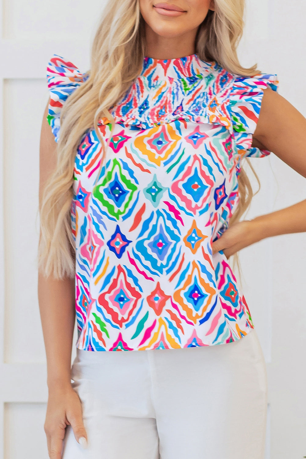 Geometric Printed Mock Neck Shirred Blouse