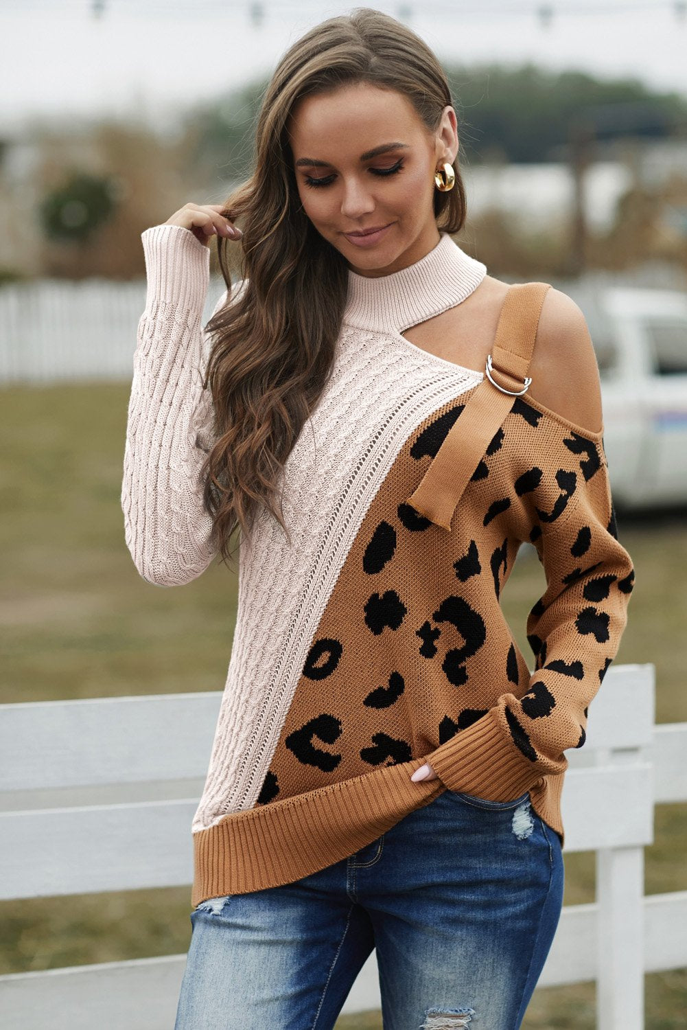 Women's Sweater Featuring White Brown Asymmetrical Turtleneck Buckle