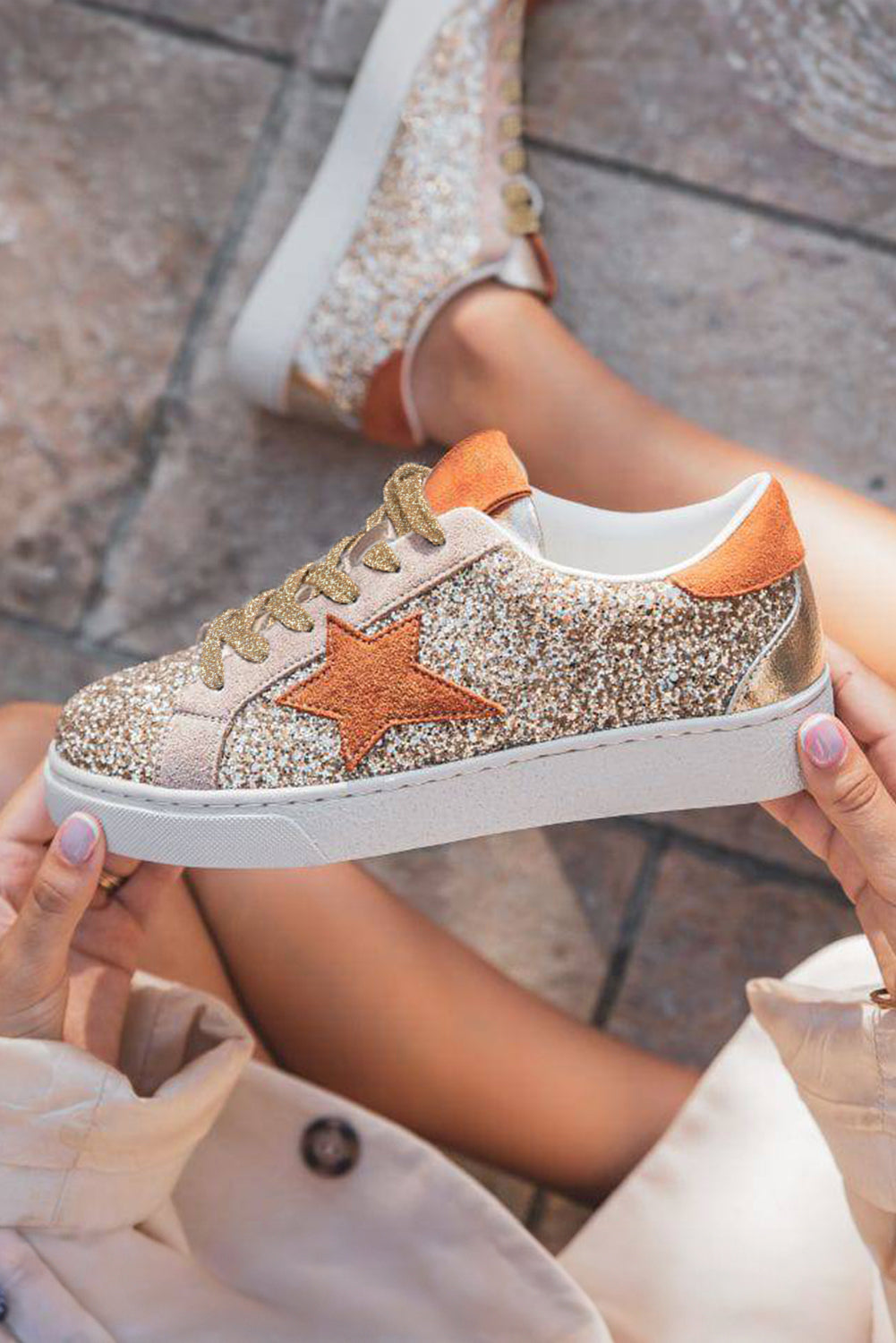 Star Patchwork Sequined Lace-up Sneakers