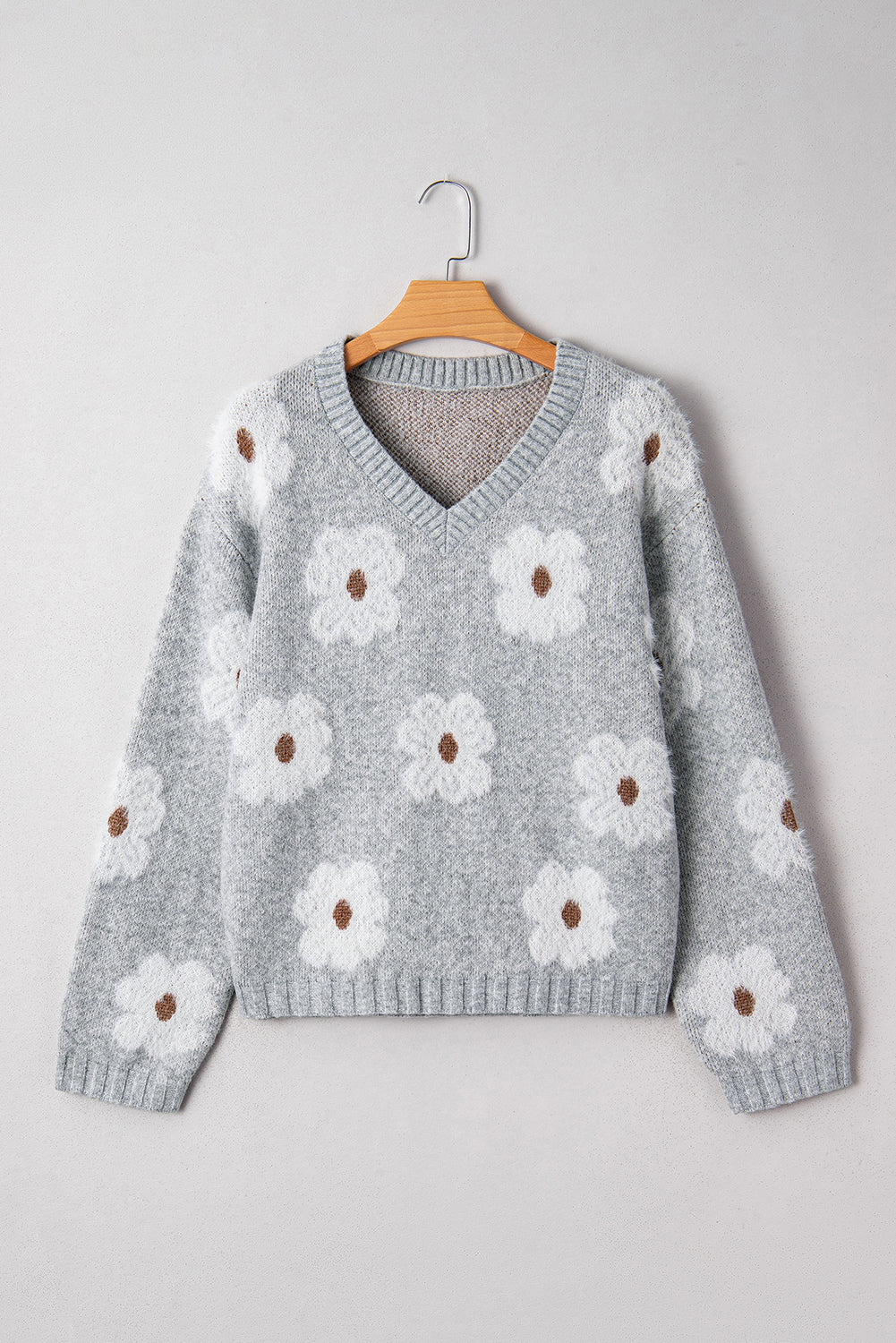 Print Cute Flower V-Neck Drop-Shoulder Baggy Knit Top