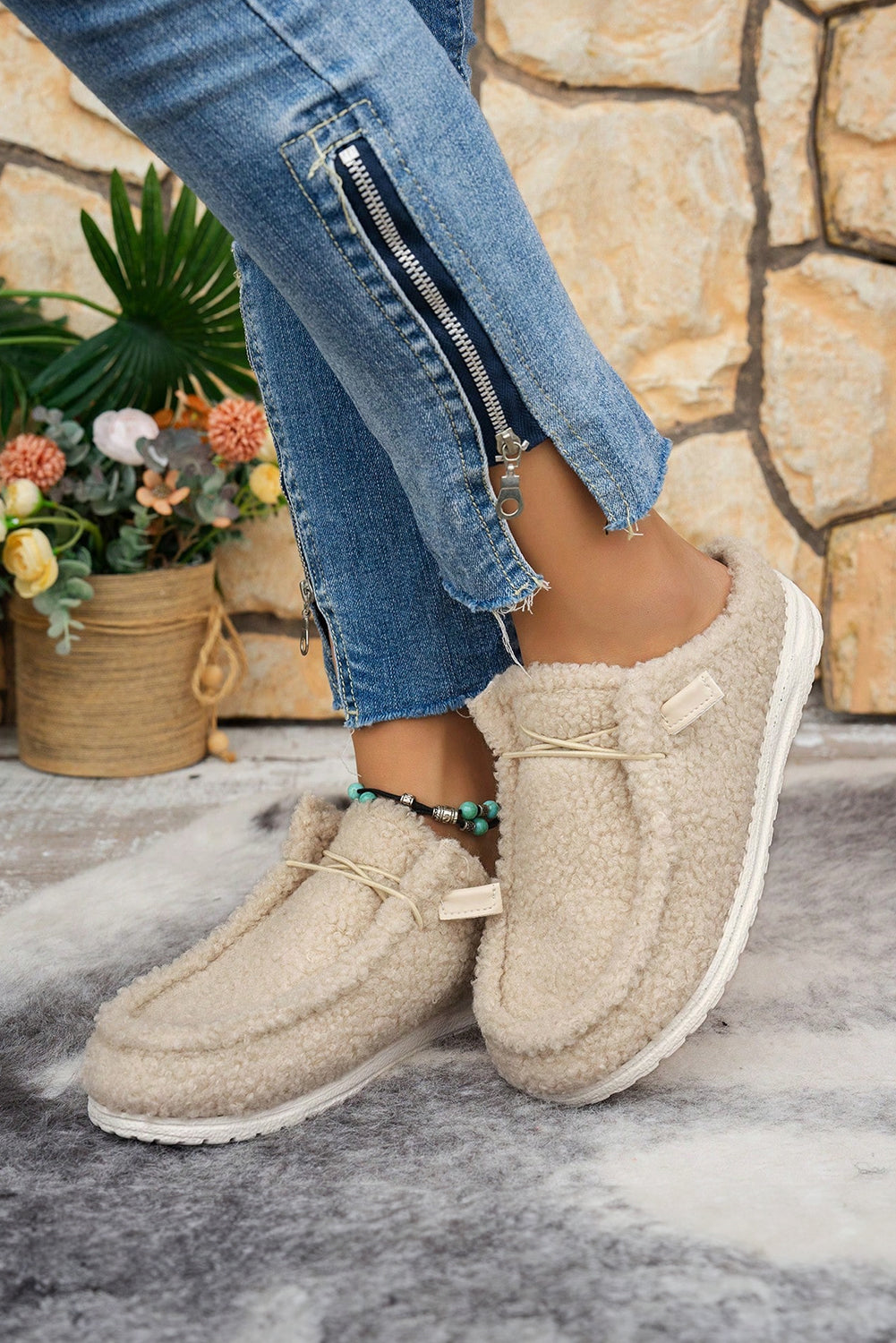 Up Detail Lace Detail Slip On Sherpa Shoes