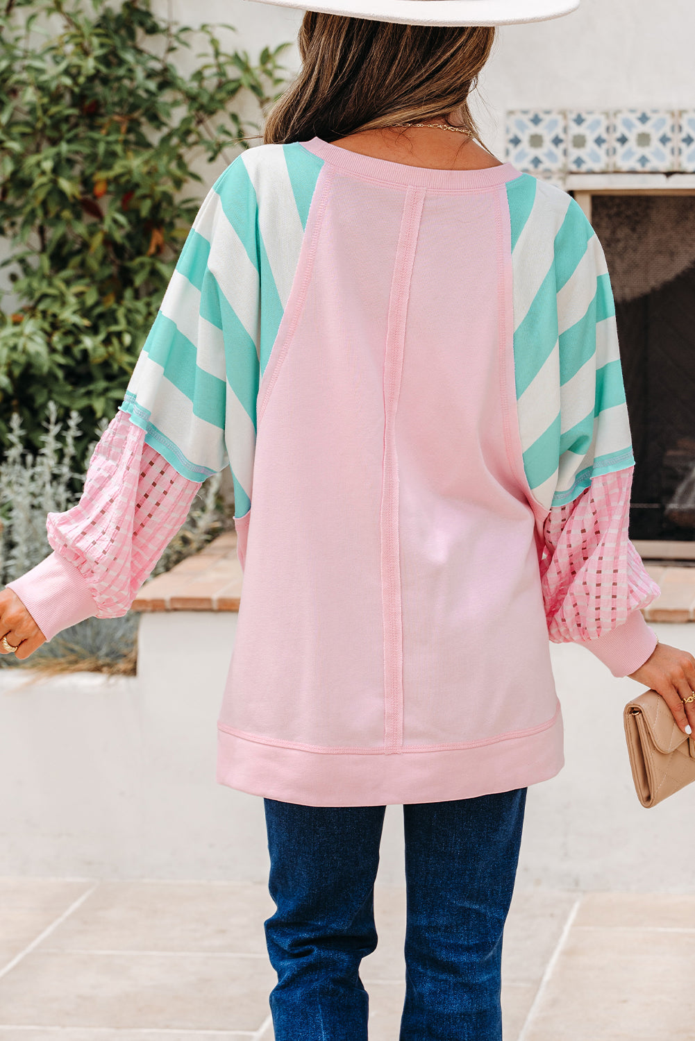 Striped Cute Pink Patchwork Raglan Pullover Top with Slits