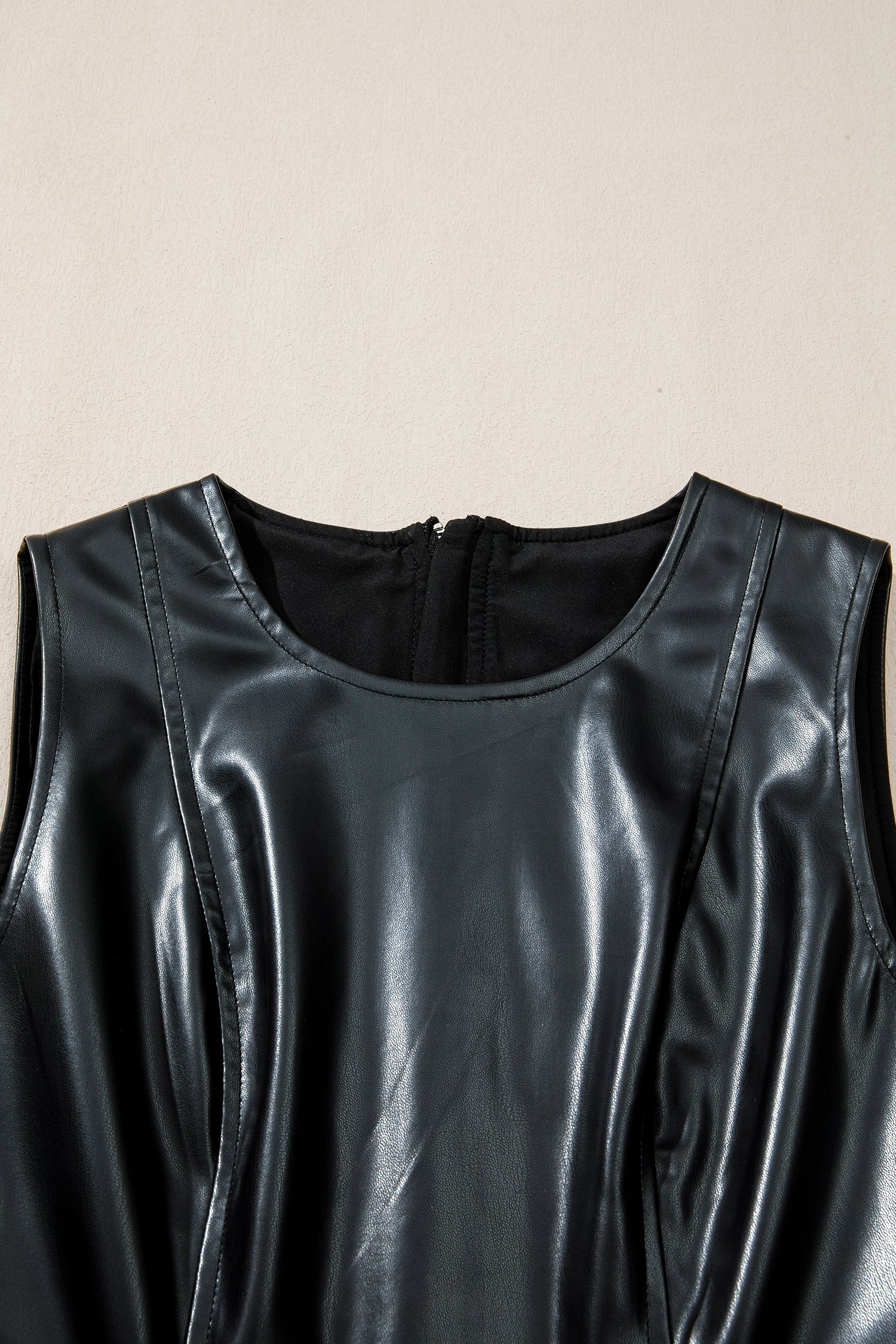 Faux Hem Leather Ruffle Sleeveless Mini Dress