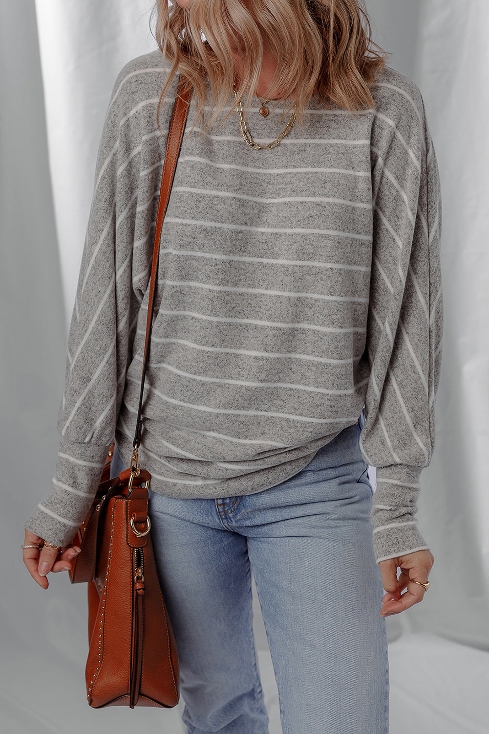 Dolman Sleeve Stripe Sleeve Cotton Top in Gray
