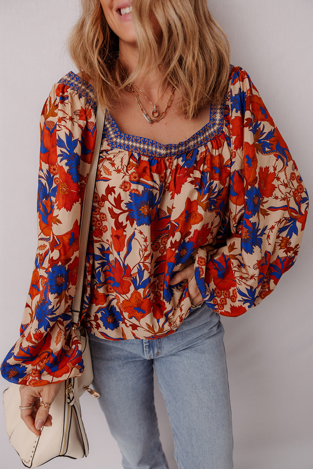 Floral-Print Square Neck Backless Easy-Fit Fit Blouse