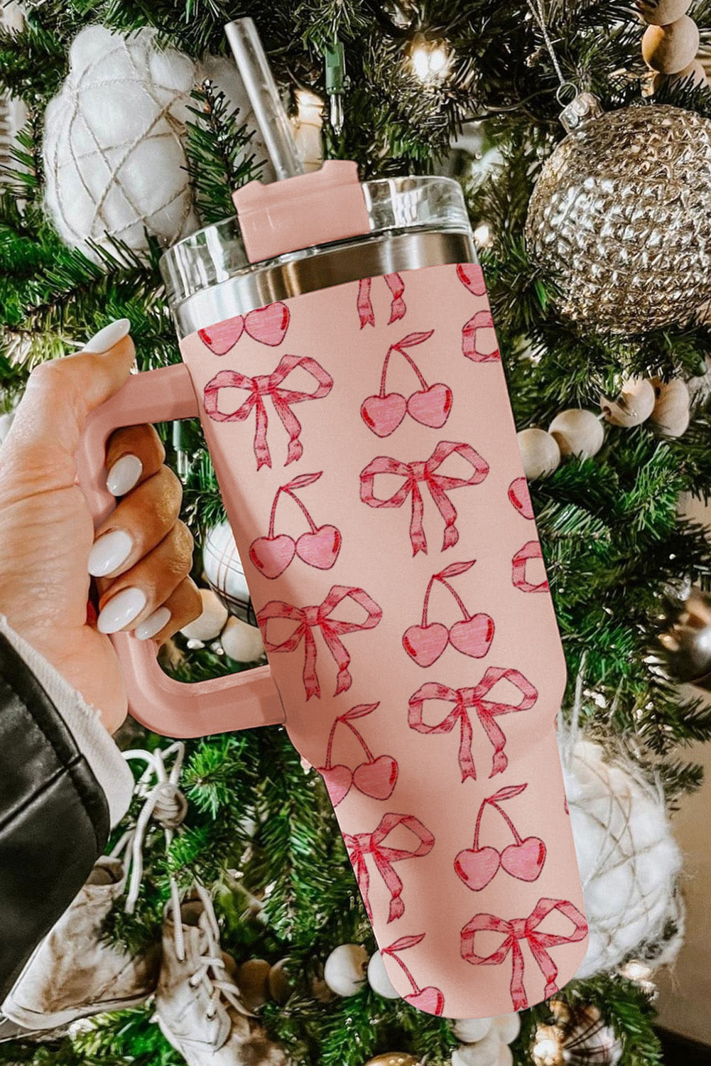 Cherry Bowknot Stylish Large Tumbler with Handle 40oz