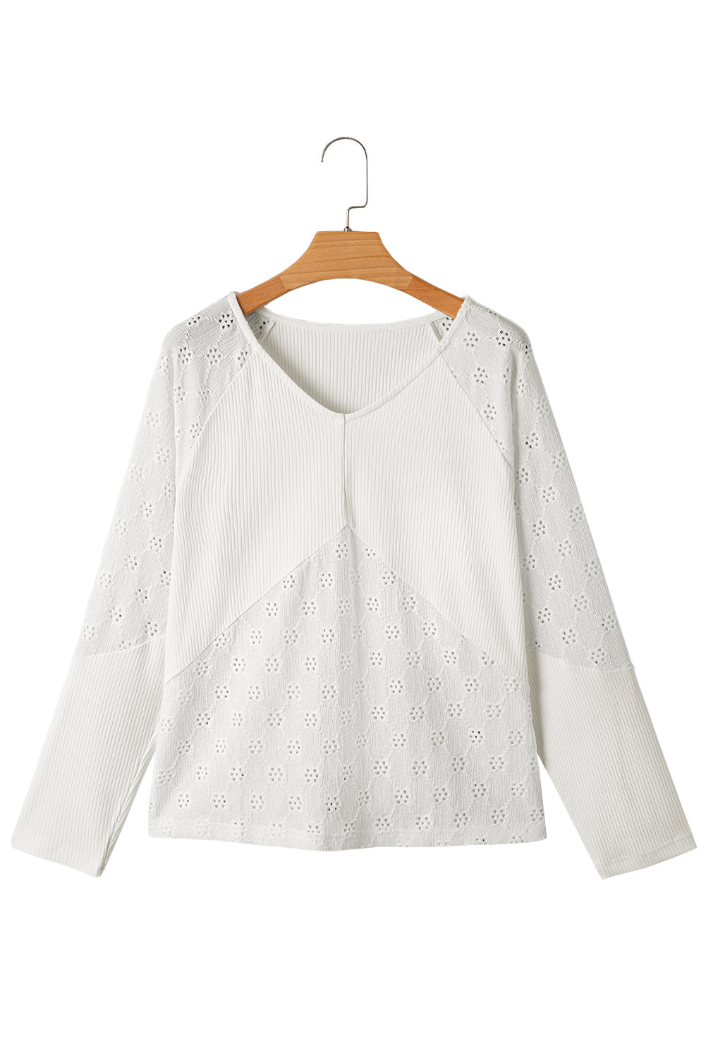 Twisted Embroidered Rib Patchwork Loose V-Neck Long-Sleeved Top