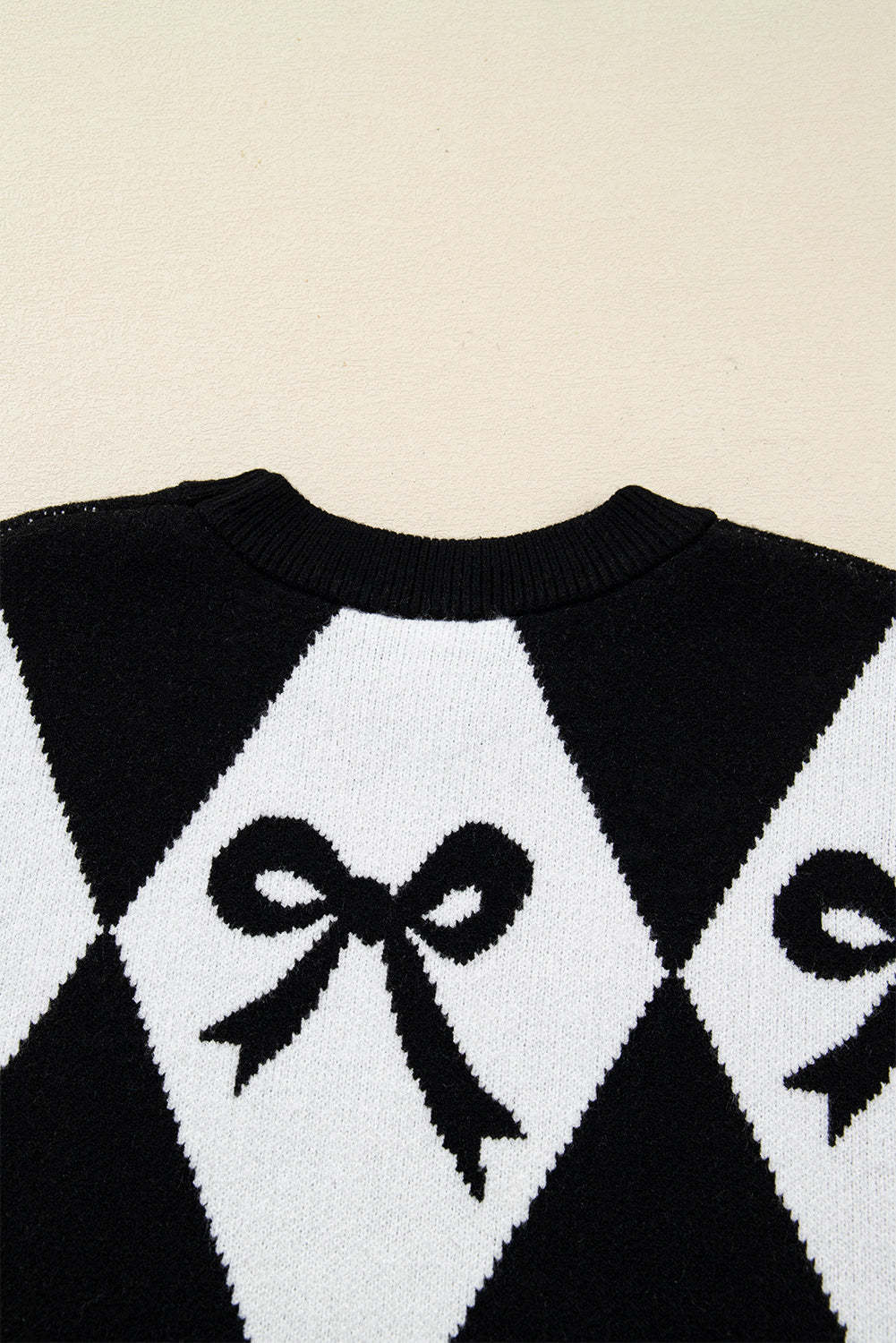 Bow Print 2-tone Rhombus Knit Loose Knit Top