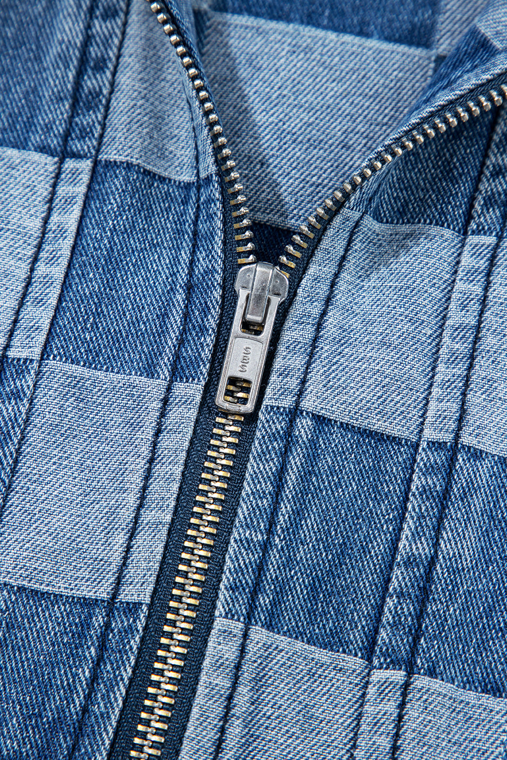 Neck Checkerboard Zip Kangaroo Pocket Denim Hoodie