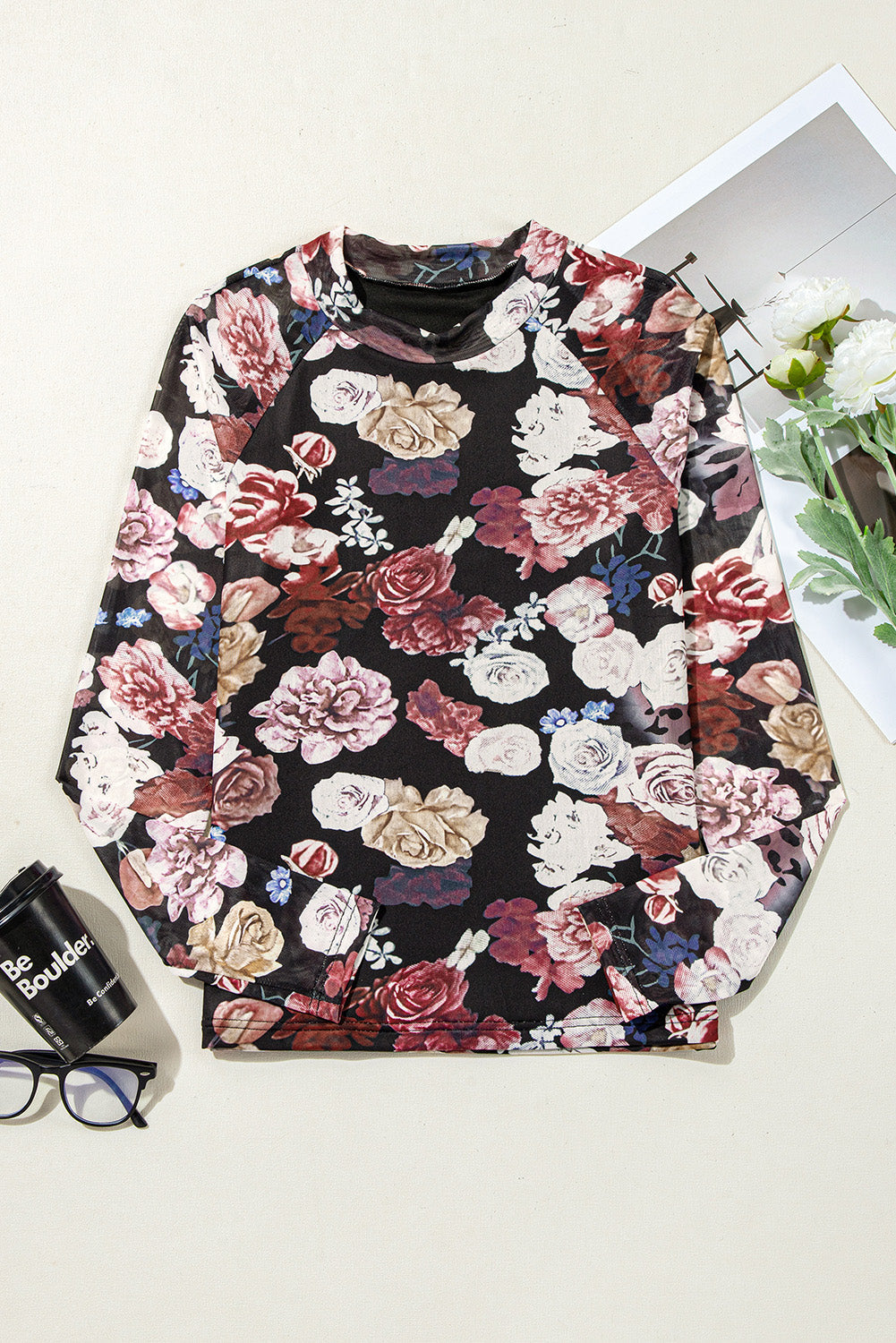 Mesh Floral Print Mock Neck Long Sleeve Slim Top