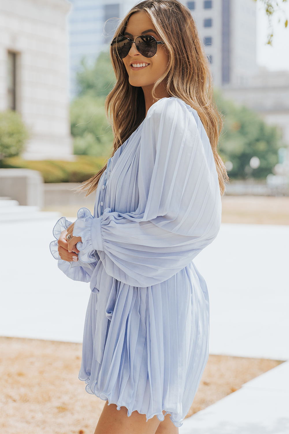 Romper for Women Buttons Pleat-Detail Ruffle-Trimmed Tie Waist