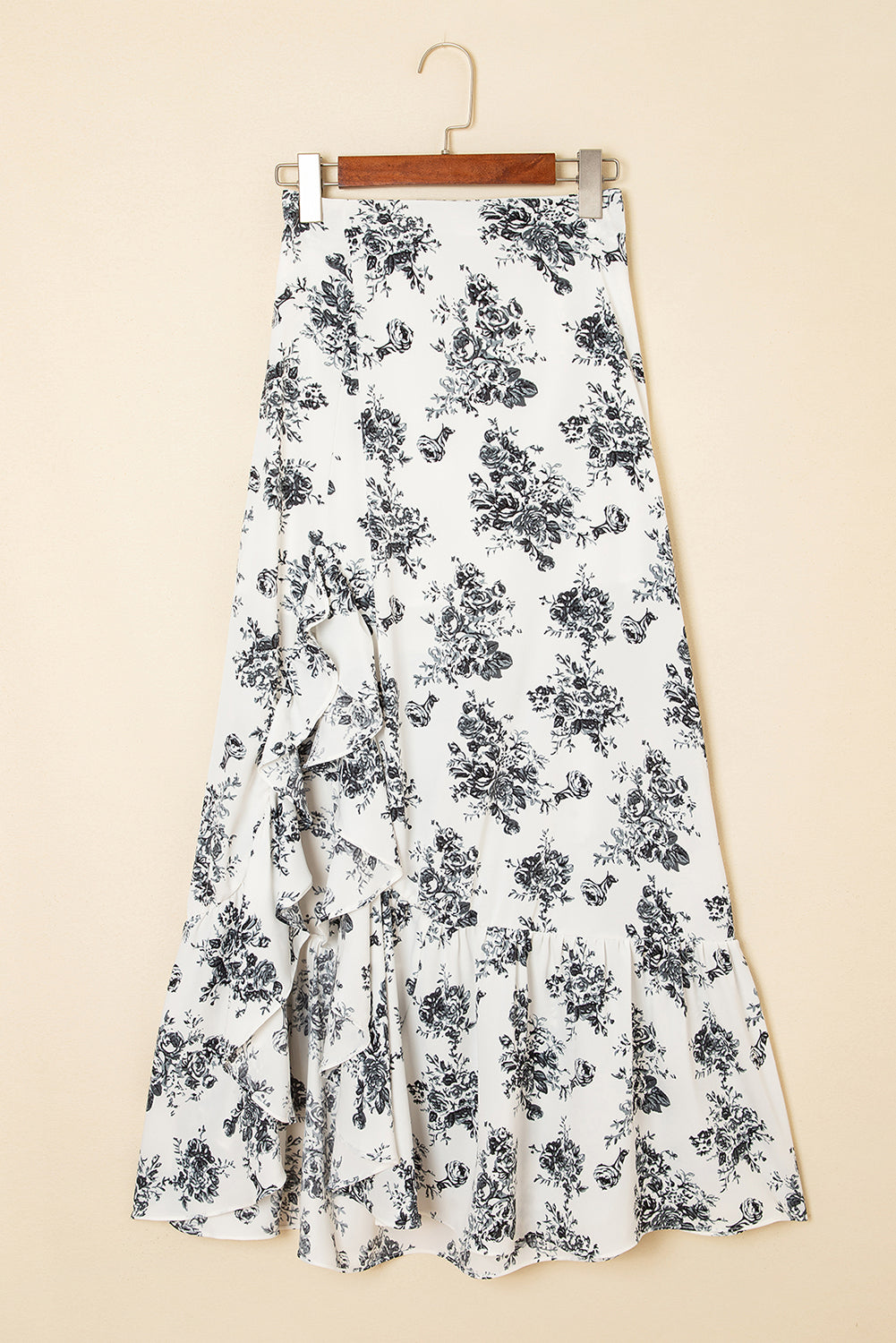 Black High-Waisted Boho Floral Ruffle Split Maxi Skirt in White
