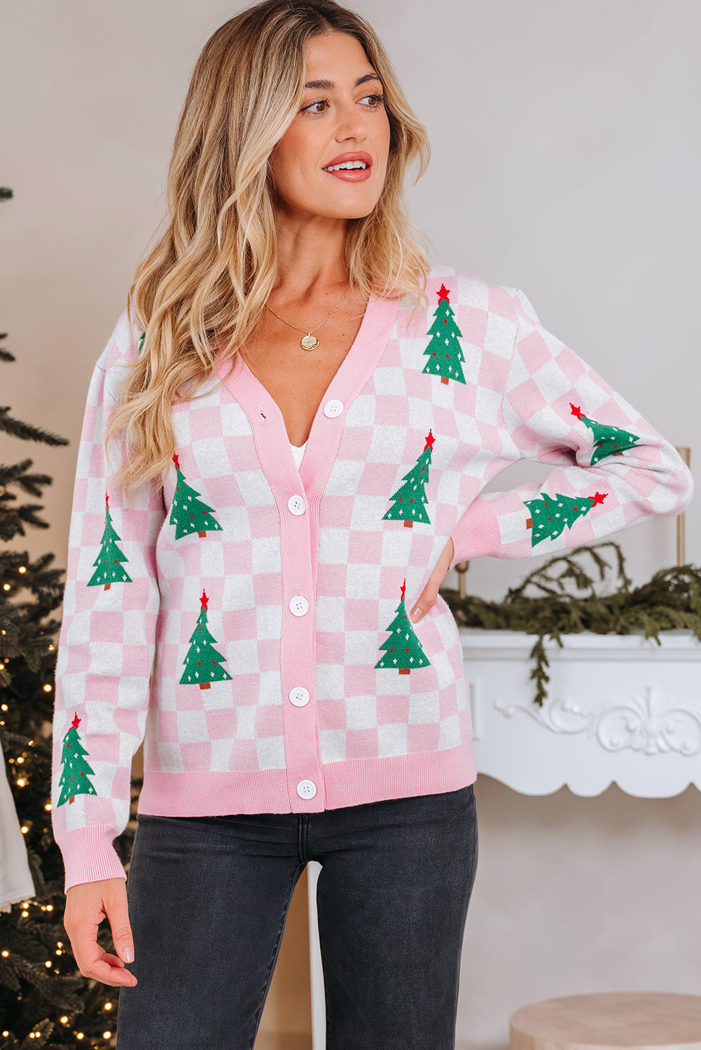 Checkered Christmas Tree Pattern Button V-Neck Cardigan Knit Top