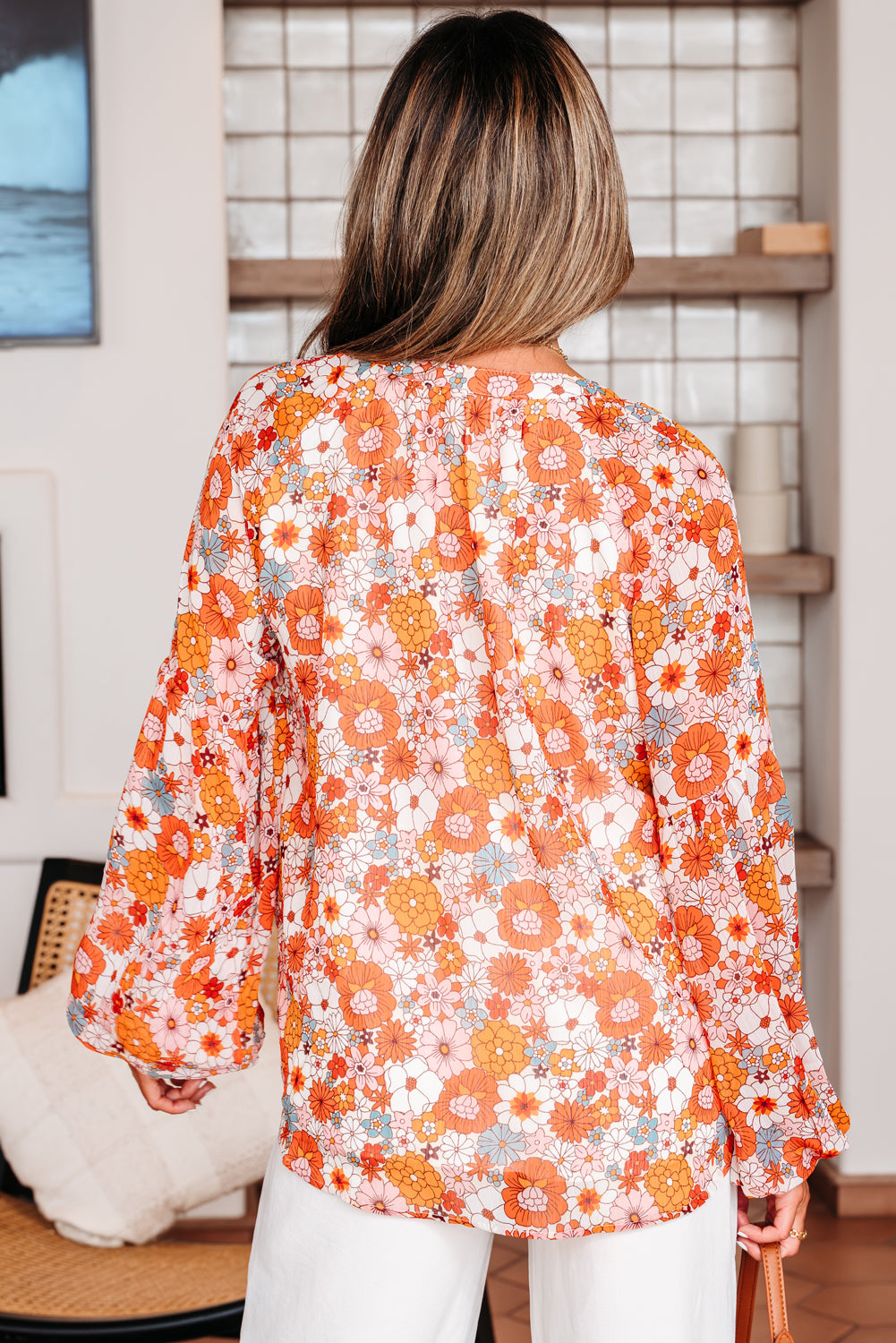 Long Floral-Print V-Neck Puff Sleeve Top