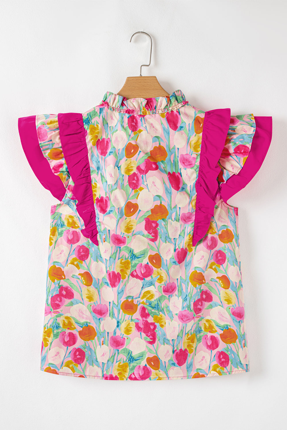 Pink Floral Layered Ruffle Flutter Sleeve Blouse