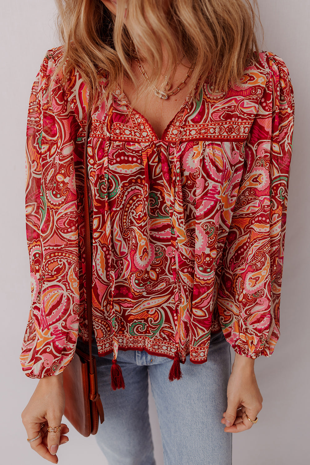 Paisley Print Ethnic Print Tassel Tie Puff Sleeve Boho Blouse