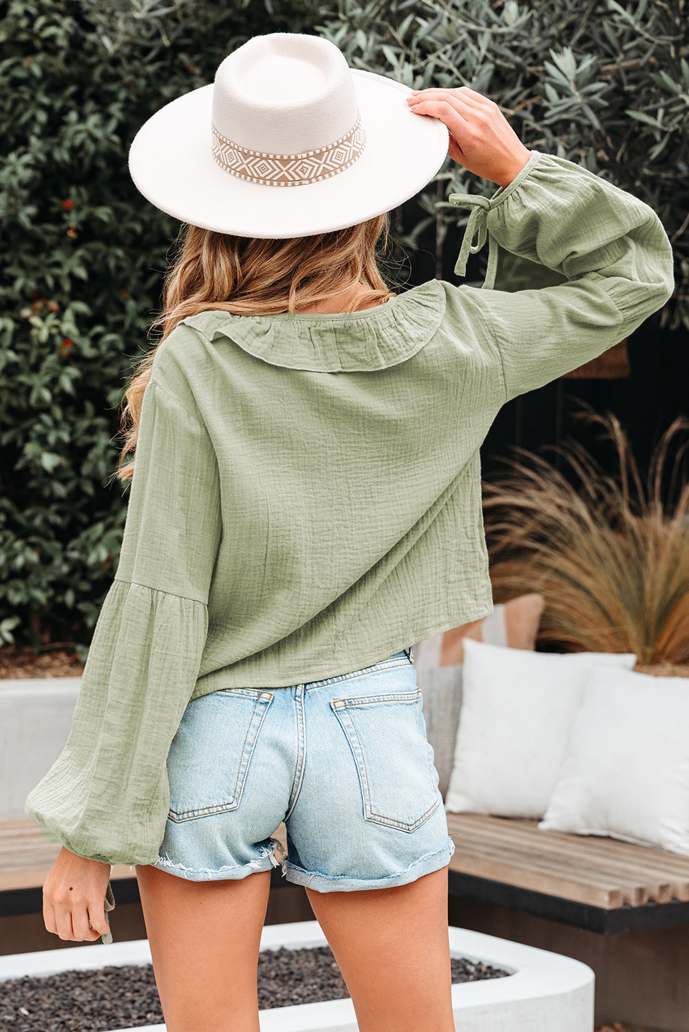 Bow Ruffle Tie Front Trim V-Neck Long-Sleeved Gauze Blouse