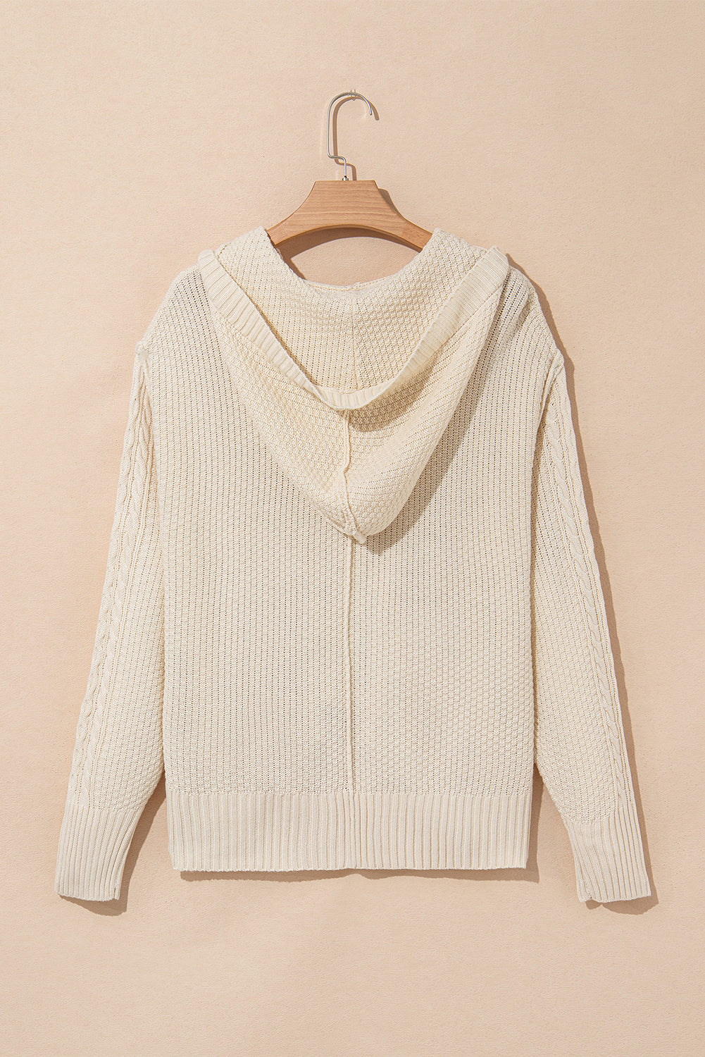 Cable Uneven Knit Texture Hem Hooded Polished Cardigan