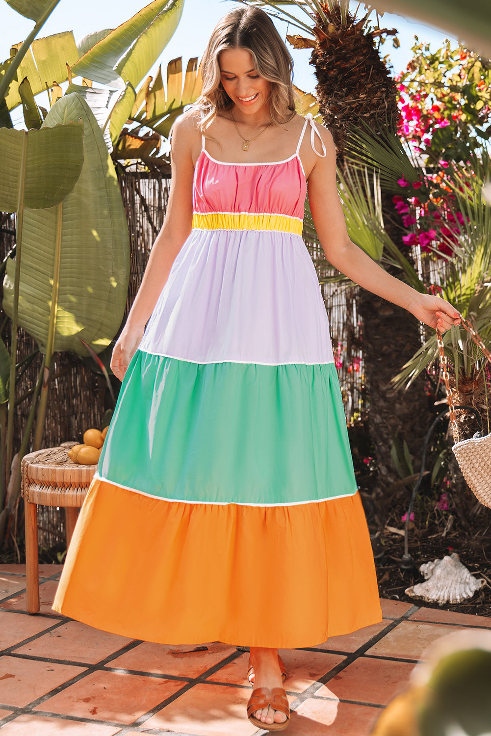 Colorblock Self-tie Straps High Waist Flowy Maxi Dress