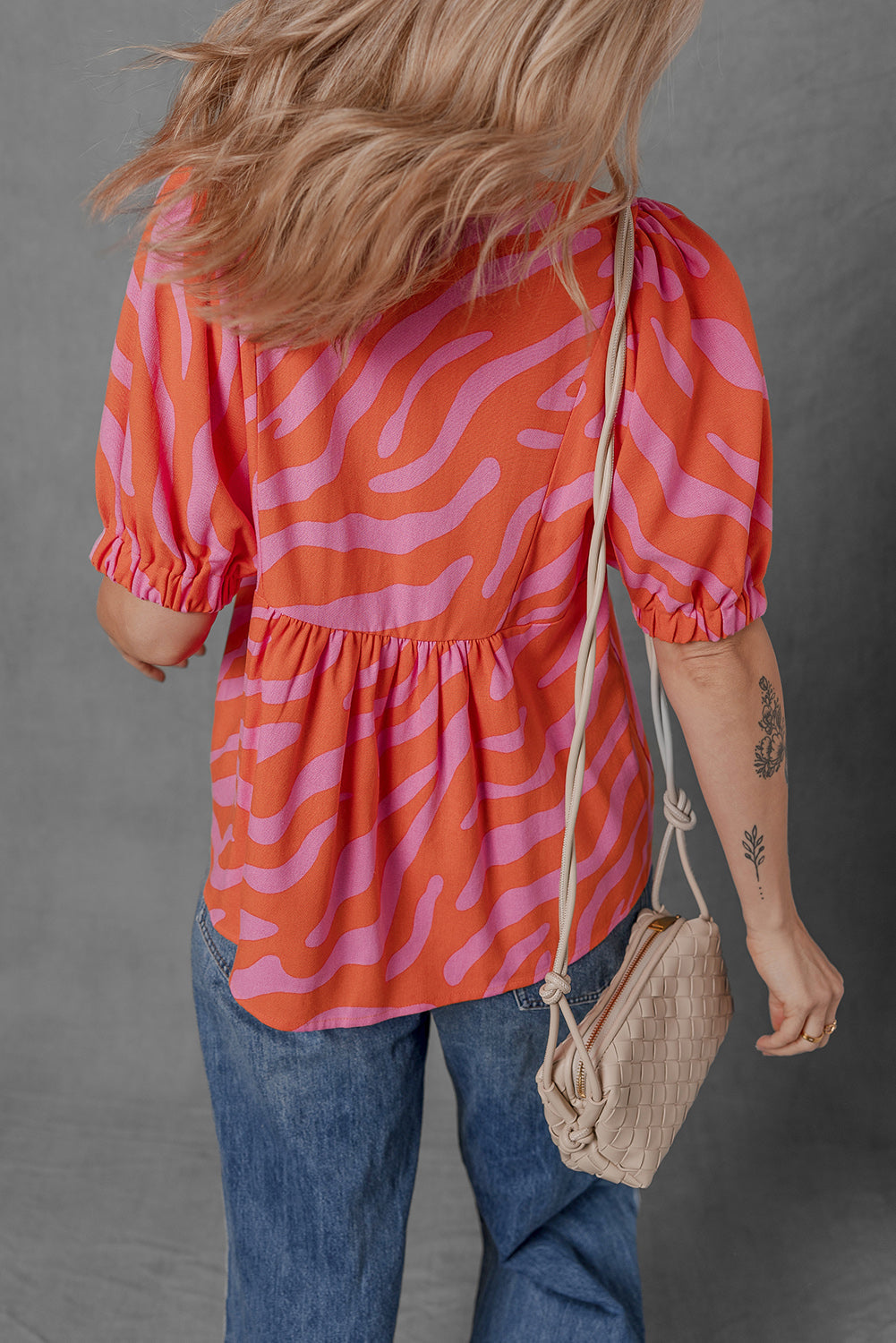 Zebra Ruched Stripe Print Cuff Half Sleeve V-Neck Blouse