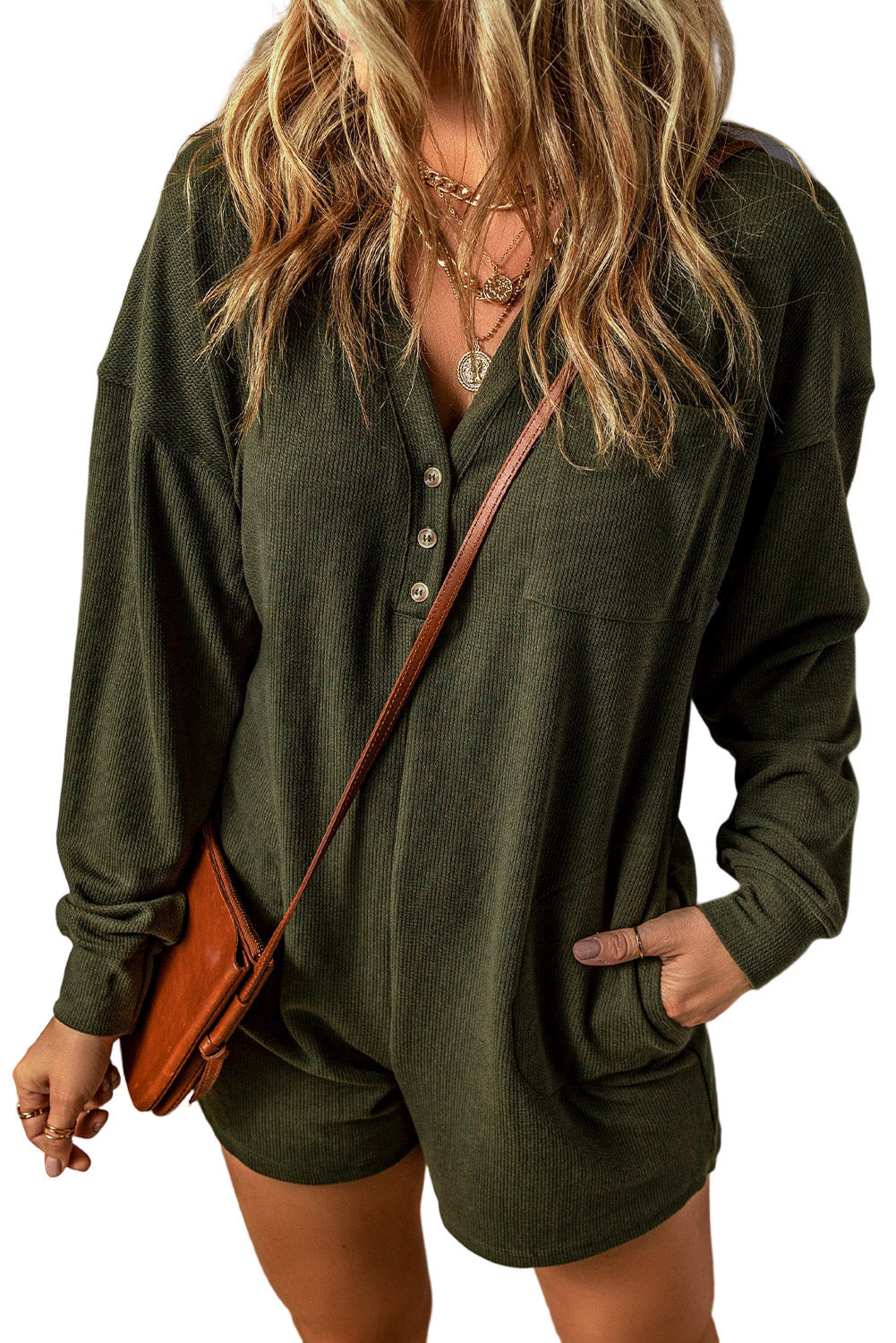 Women's Romper Featuring Dark Green Brushed Rib-Knitted Button Split