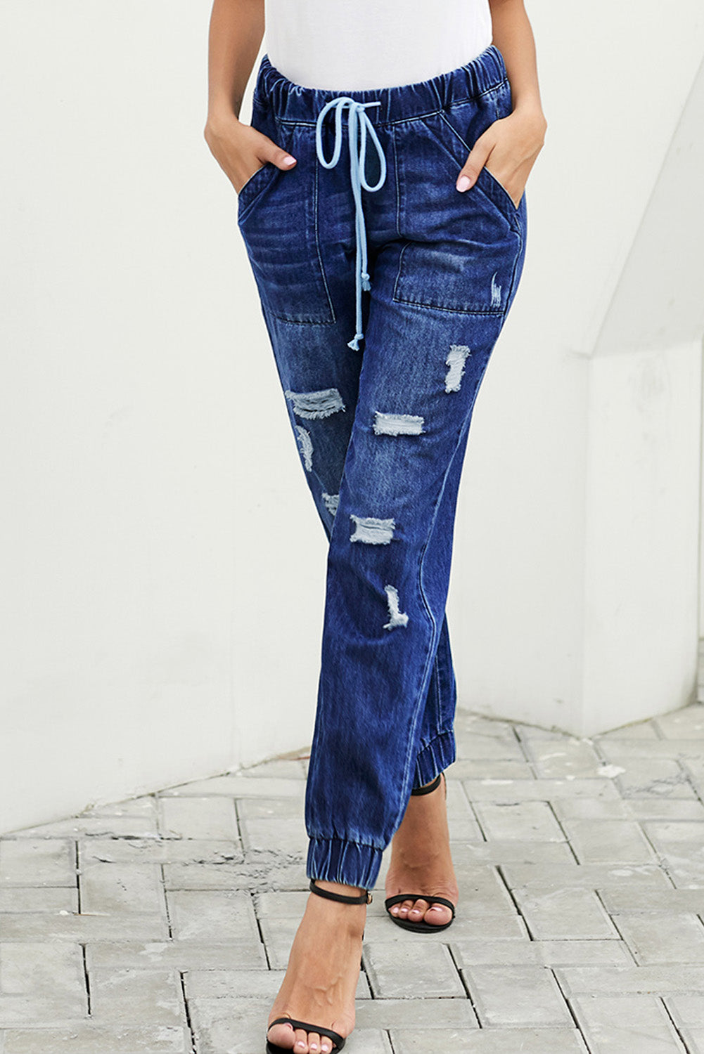 Women's Joggers Featuring Ripped Jean Blue Distress Drawcord Pocket-Detail