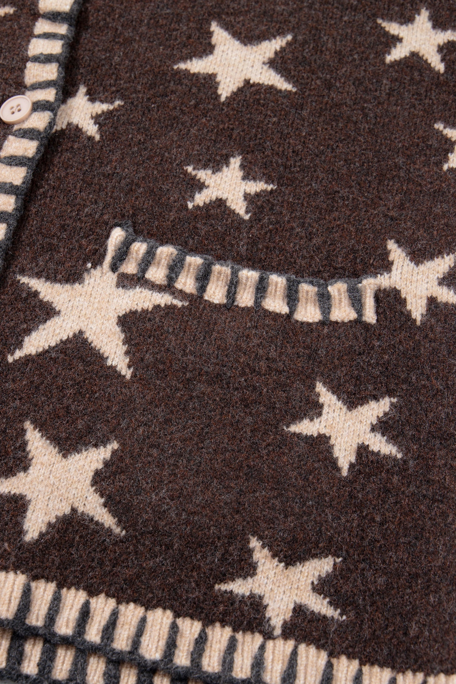 Stars Pattern Colorblock Long-Sleeved Shift Wool Cardigan in Brown