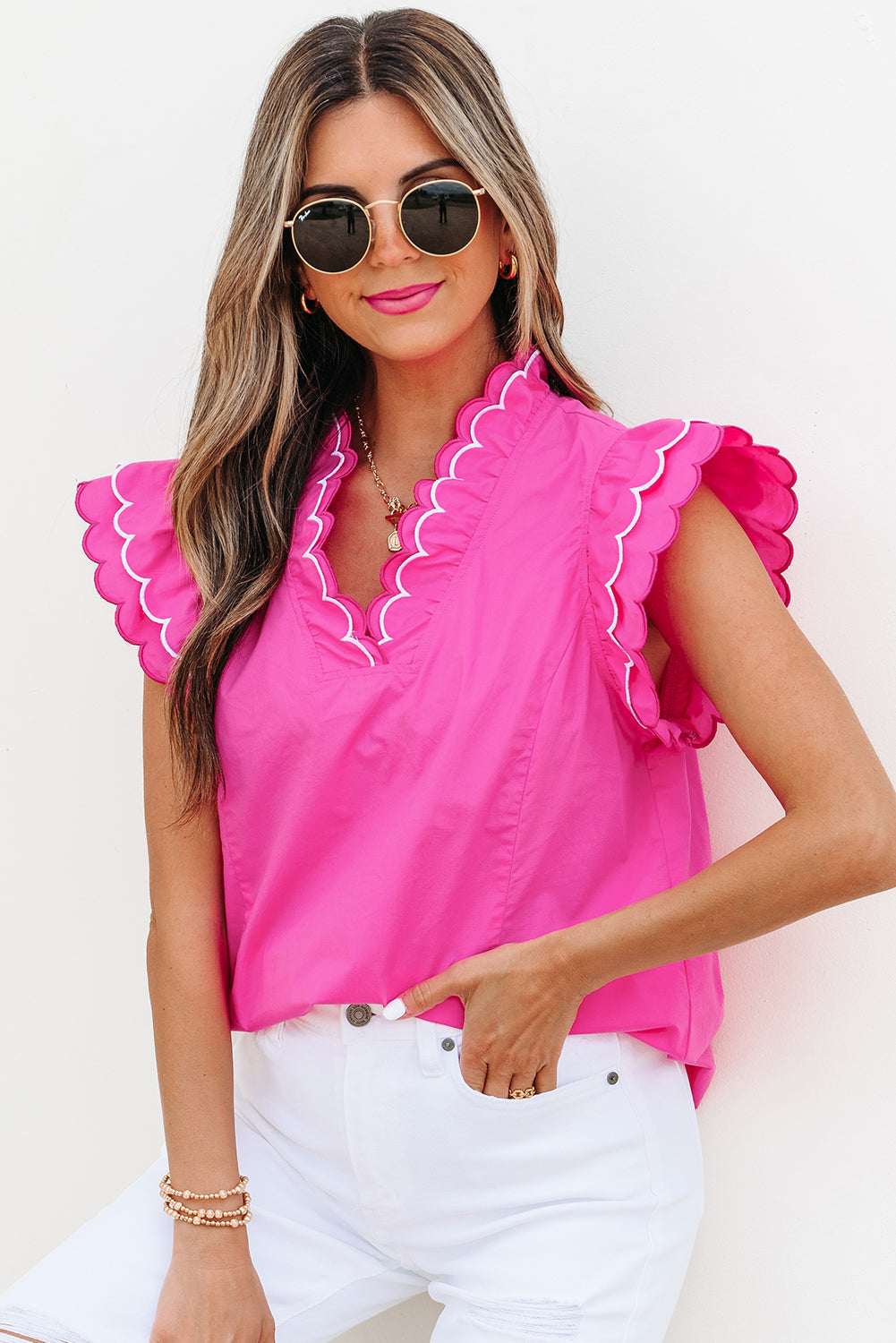 Trim Contrast Scallop Layered Short-Sleeved V-Neck Blouse