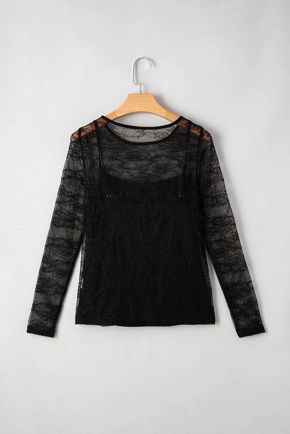 Mesh Lace Crochet Patched Slim Fit Long-Sleeved Top in Black