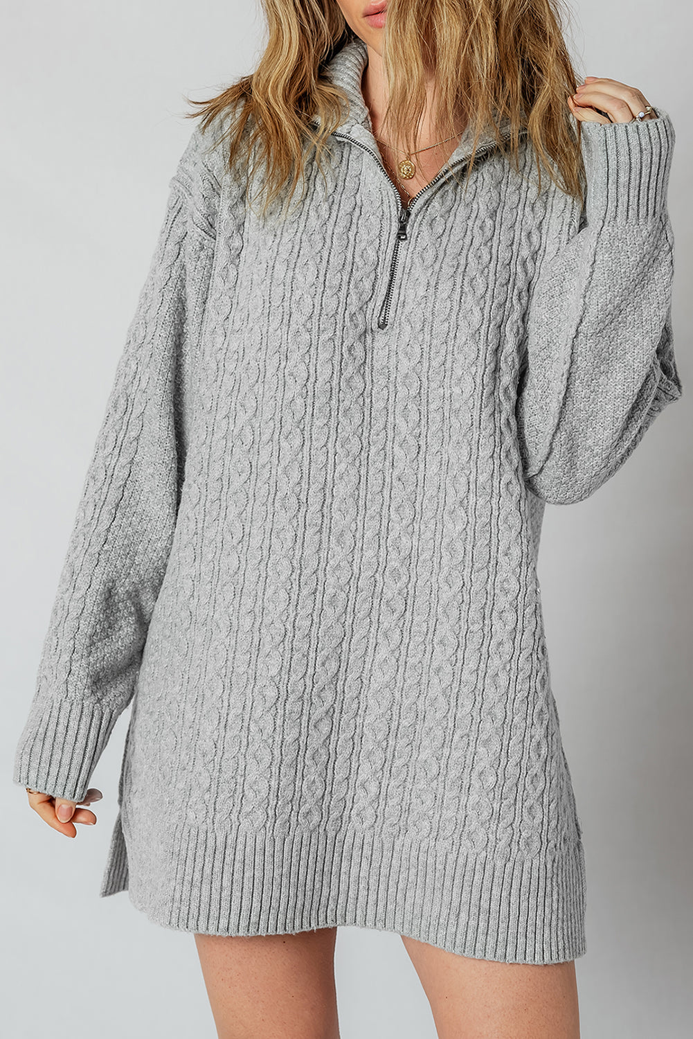 Knit High Cable Quarter Zip Rib-Knit Trim Loose Knit Top Dress