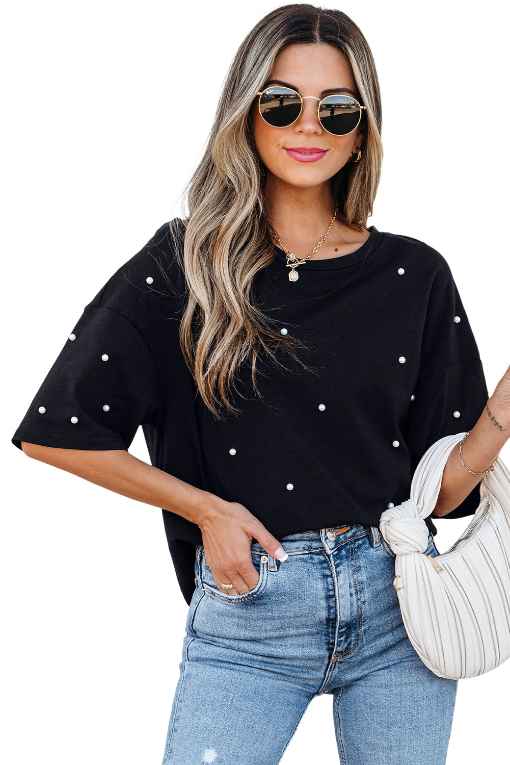 Black Pearl Beaded Drop Shoulder Crewneck T Shirt