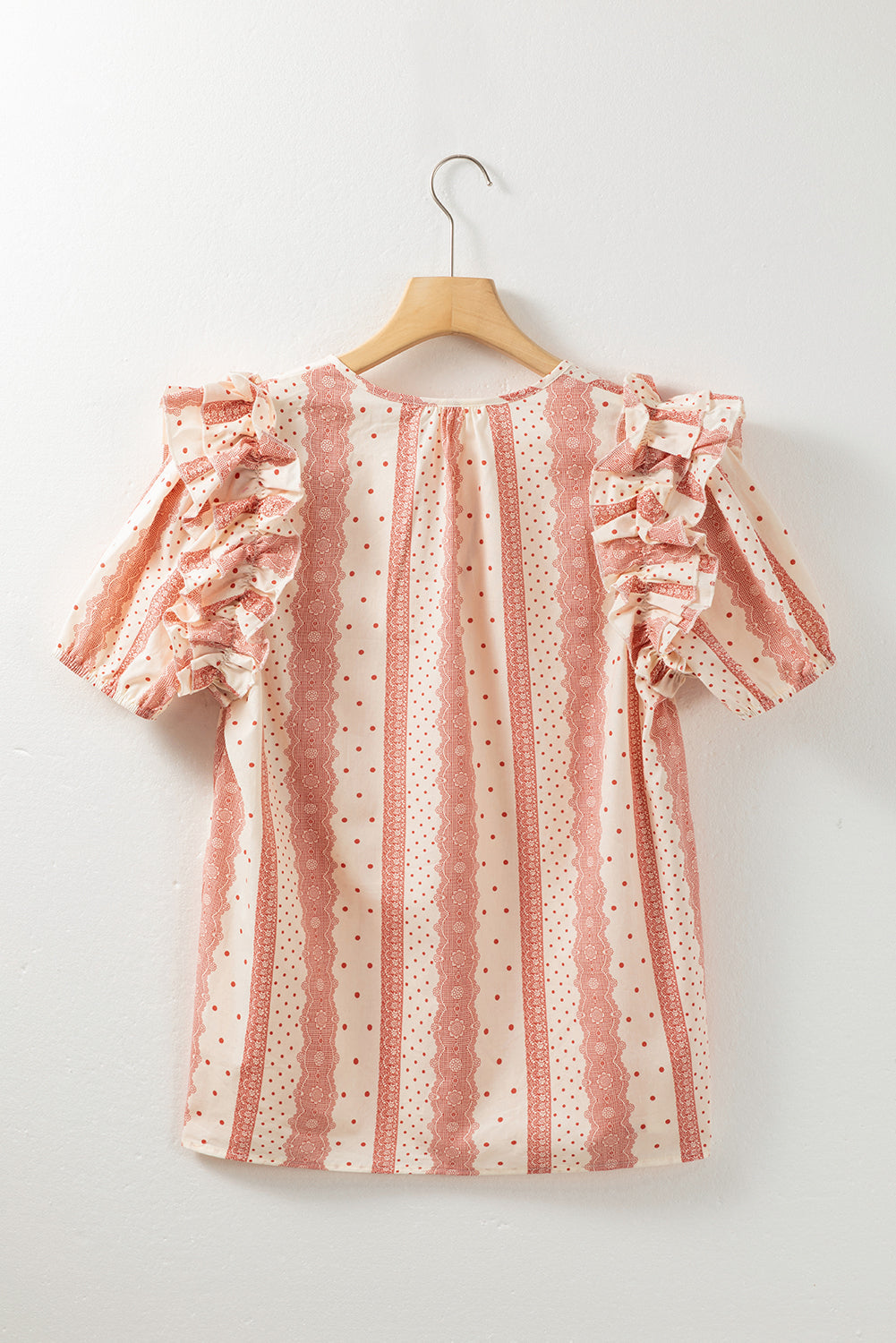 Women's Frill-Trimmed Short Balloon Sleeve Mixed Print Blouse