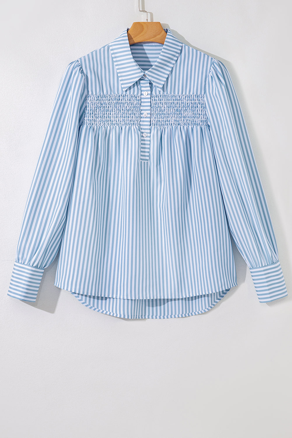 Shirred Placket Detail Half Collared Long-Sleeved Fall Shirt