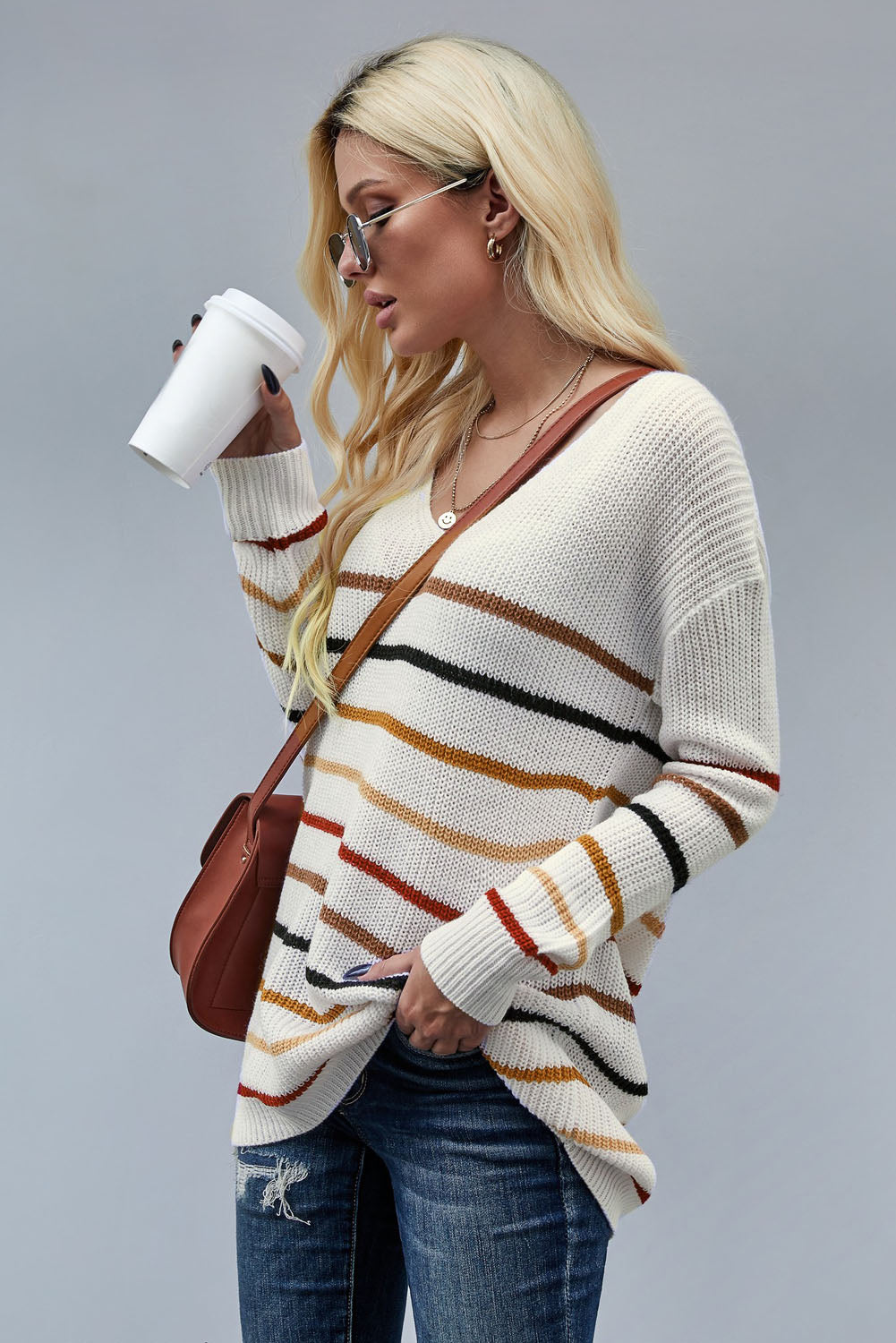Women's Knit Sweater with Striped Loose Multicolor