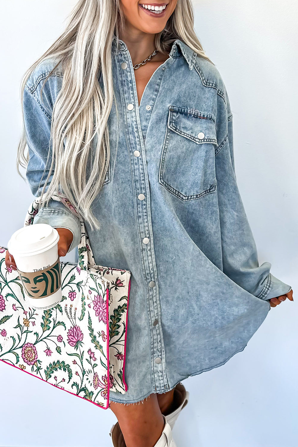 Chest Hem Pocket Raw Denim Loose Shirt Dress