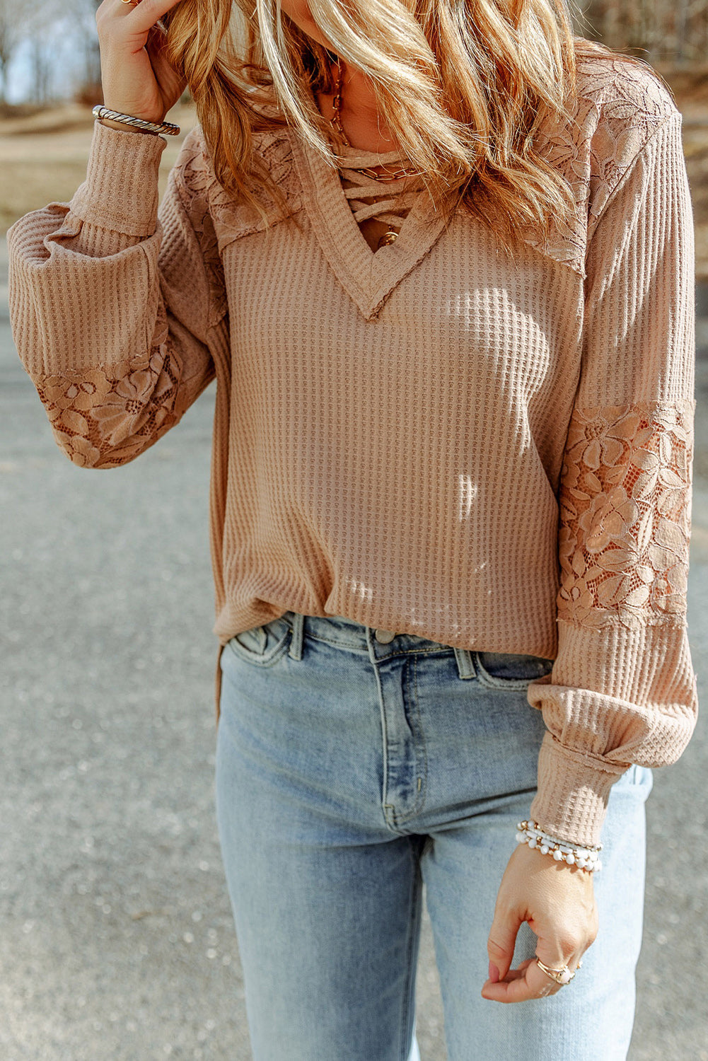 Women's Top Featuring Long-Sleeve Strappy V Neck