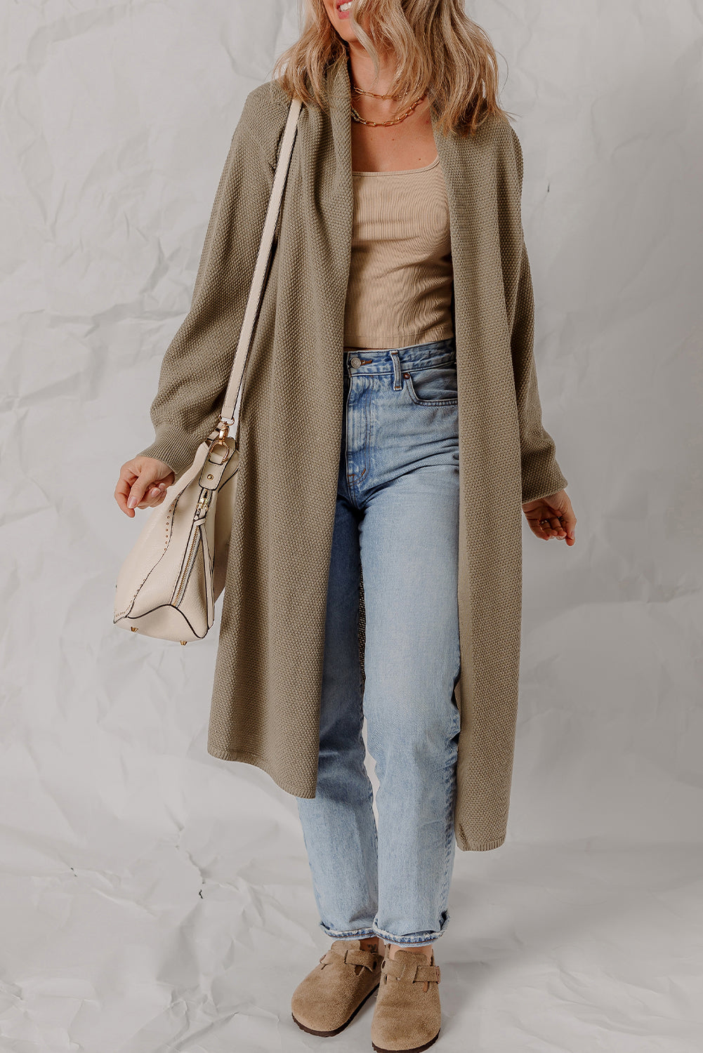 Textured Knit Solid Knit Open-Front Oversize Midi Cardigan Knit Top