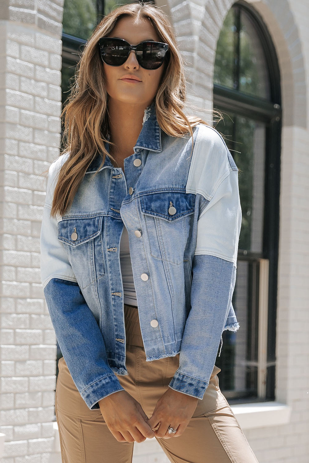 Women's Jacket Featuring Color-Block Denim Patchwork Frayed Hem