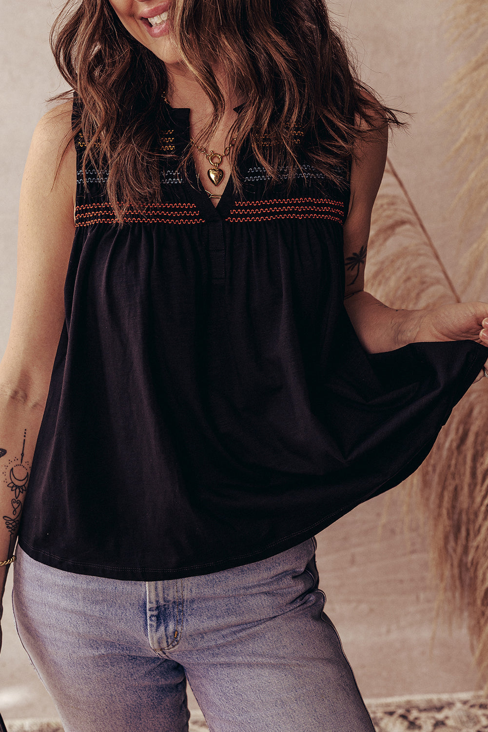 Shirred Yoke Colorful Yoke Notched V-Neck Tank Top