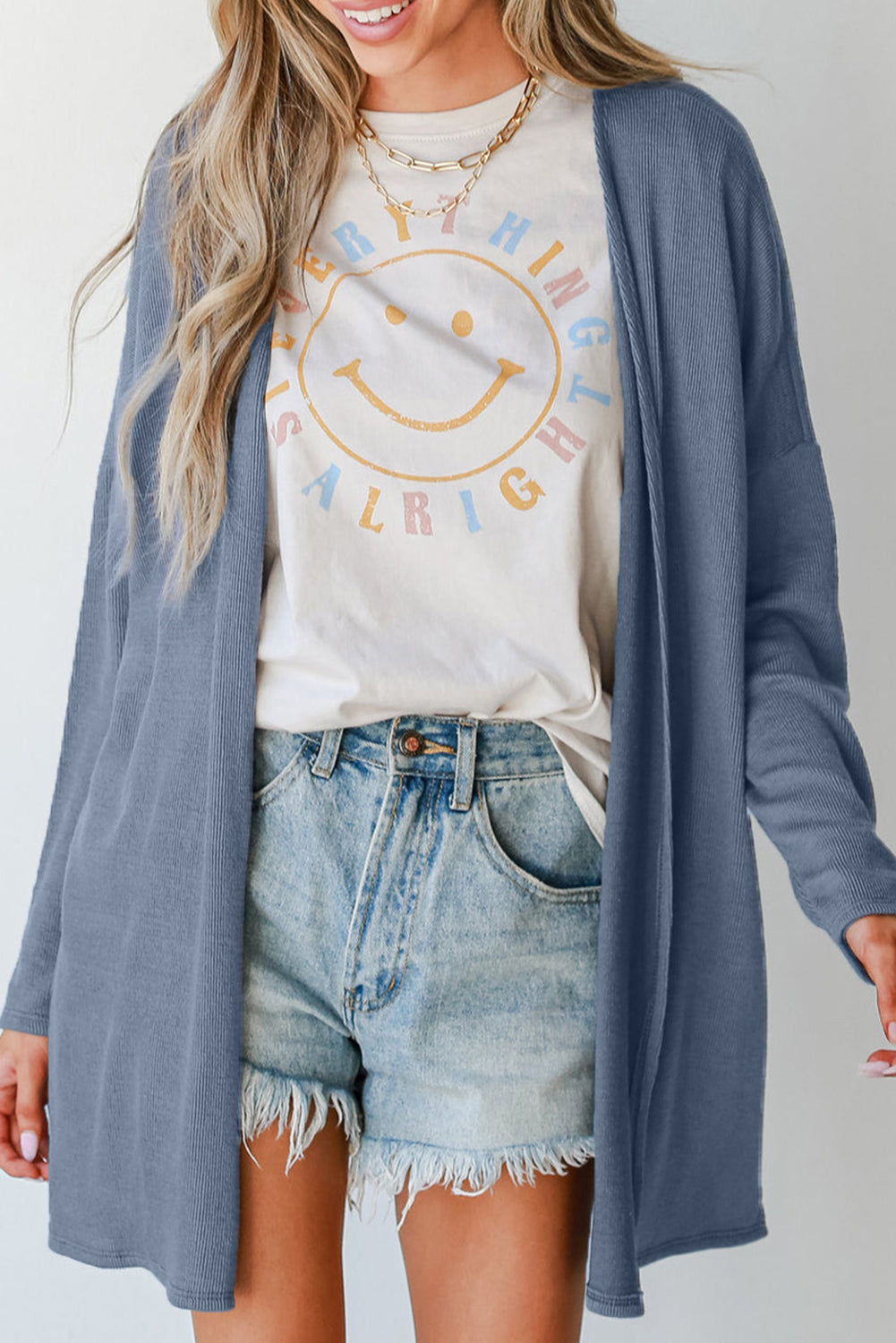 Solid Rib-Knit Open-Front Tunic Cardigan in Ashleigh Blue