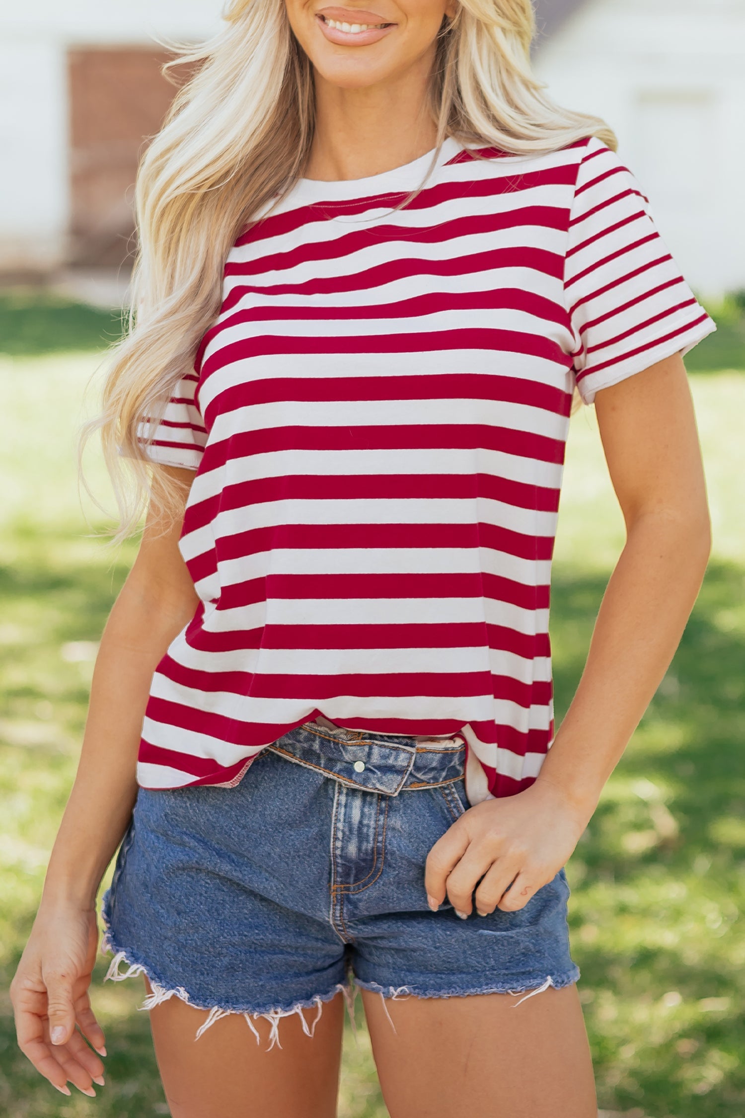 Stripe Patchwork Round-Neck Short-Sleeved T Shirt in Red
