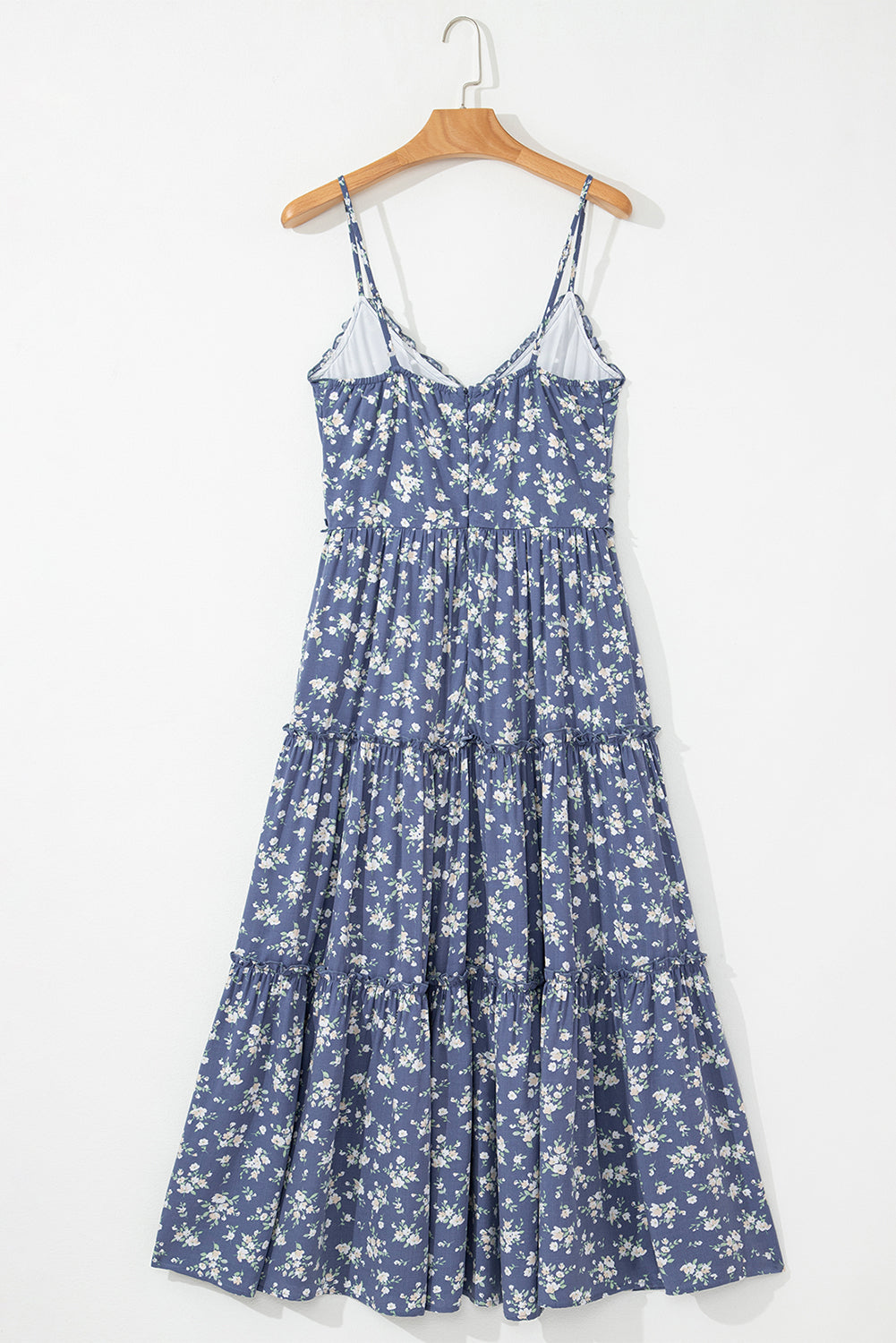 Floral Spaghetti Strap Frilled V Neck Tiered Midi Dress