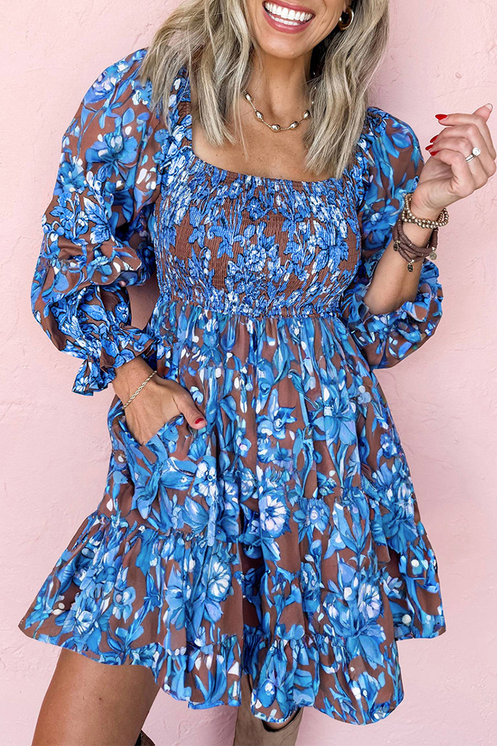 Smocked Bodice High-Waisted Ruffled Sleeve Floral Dress