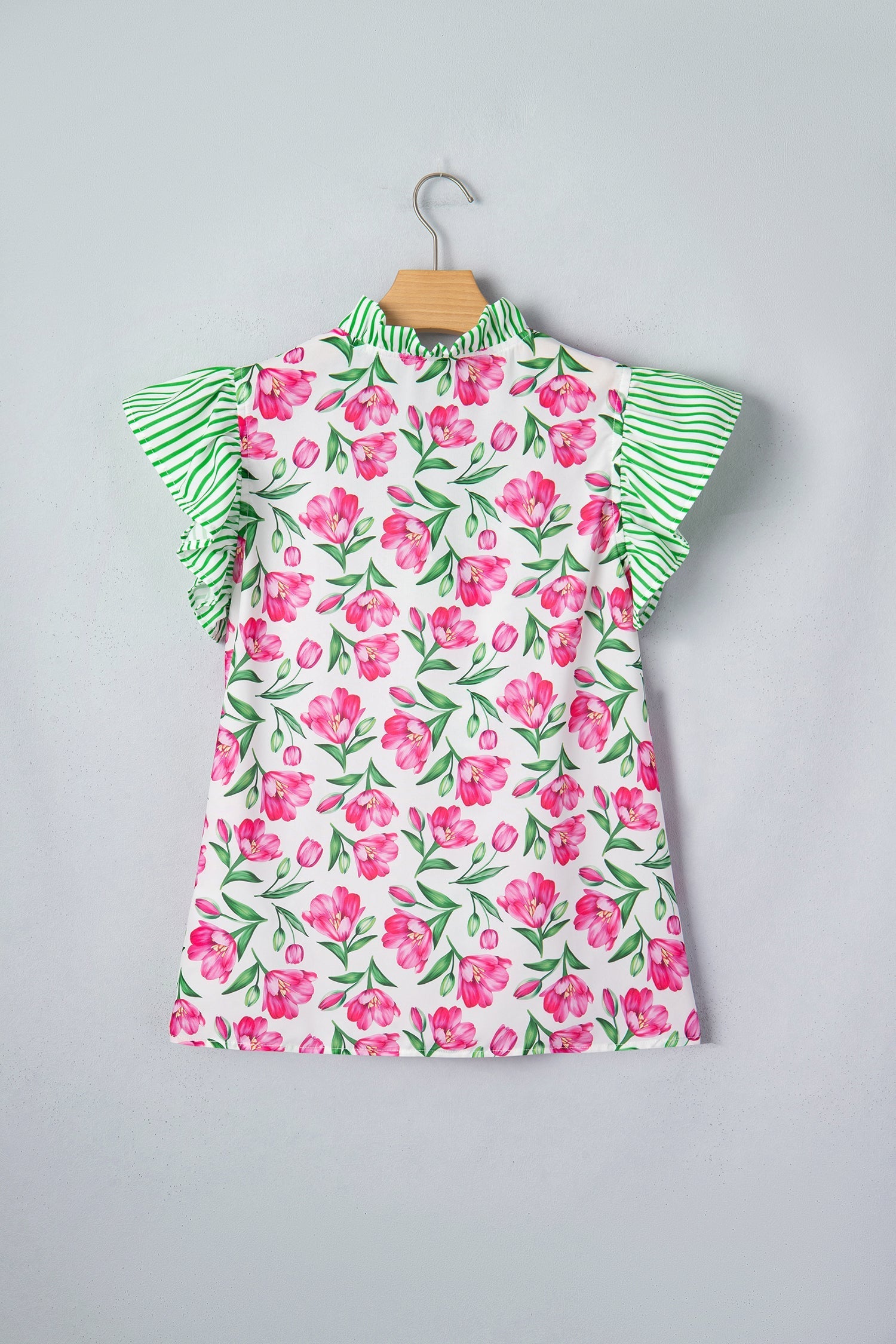 Sweet Floral-Print Striped Ruffle Trim V-Neck Blouse in Multicolour