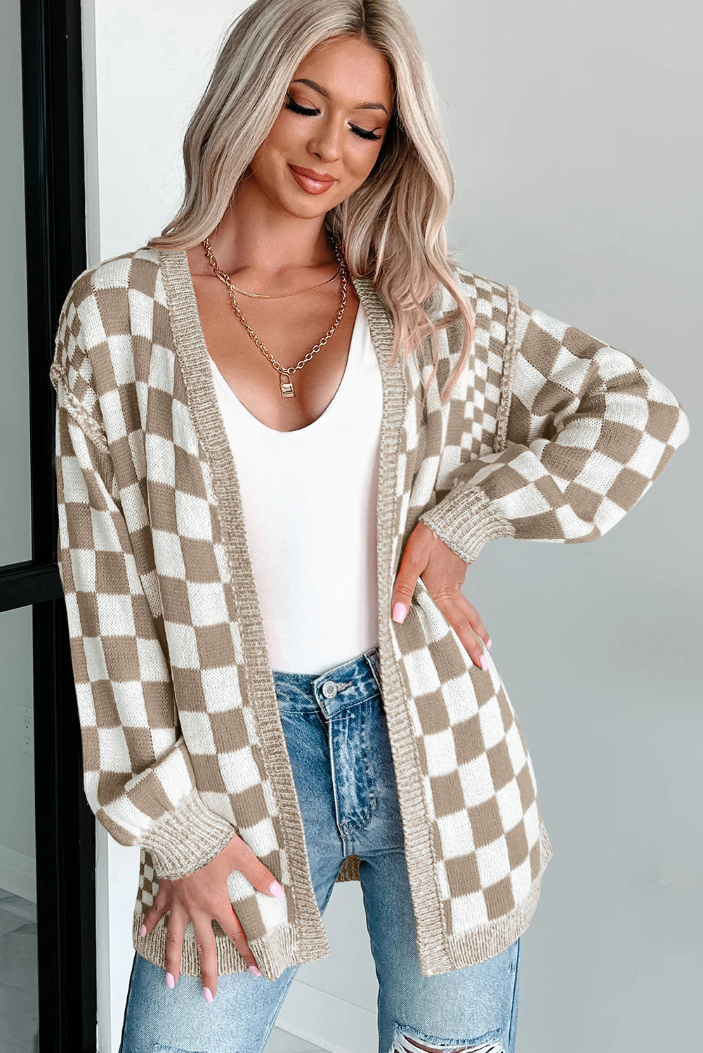 Open-Front Drop-Shoulder Checkered Drop-Shoulder Cardigan in Brown