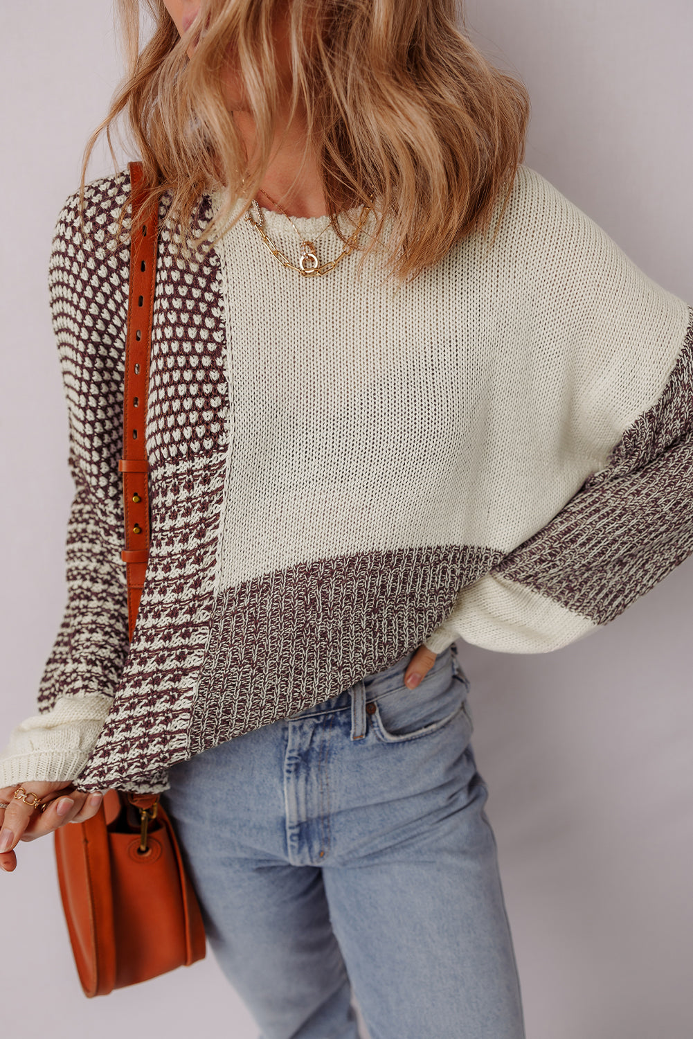 Colorblock Drop-Shoulder Back Tie Loose Knit Top